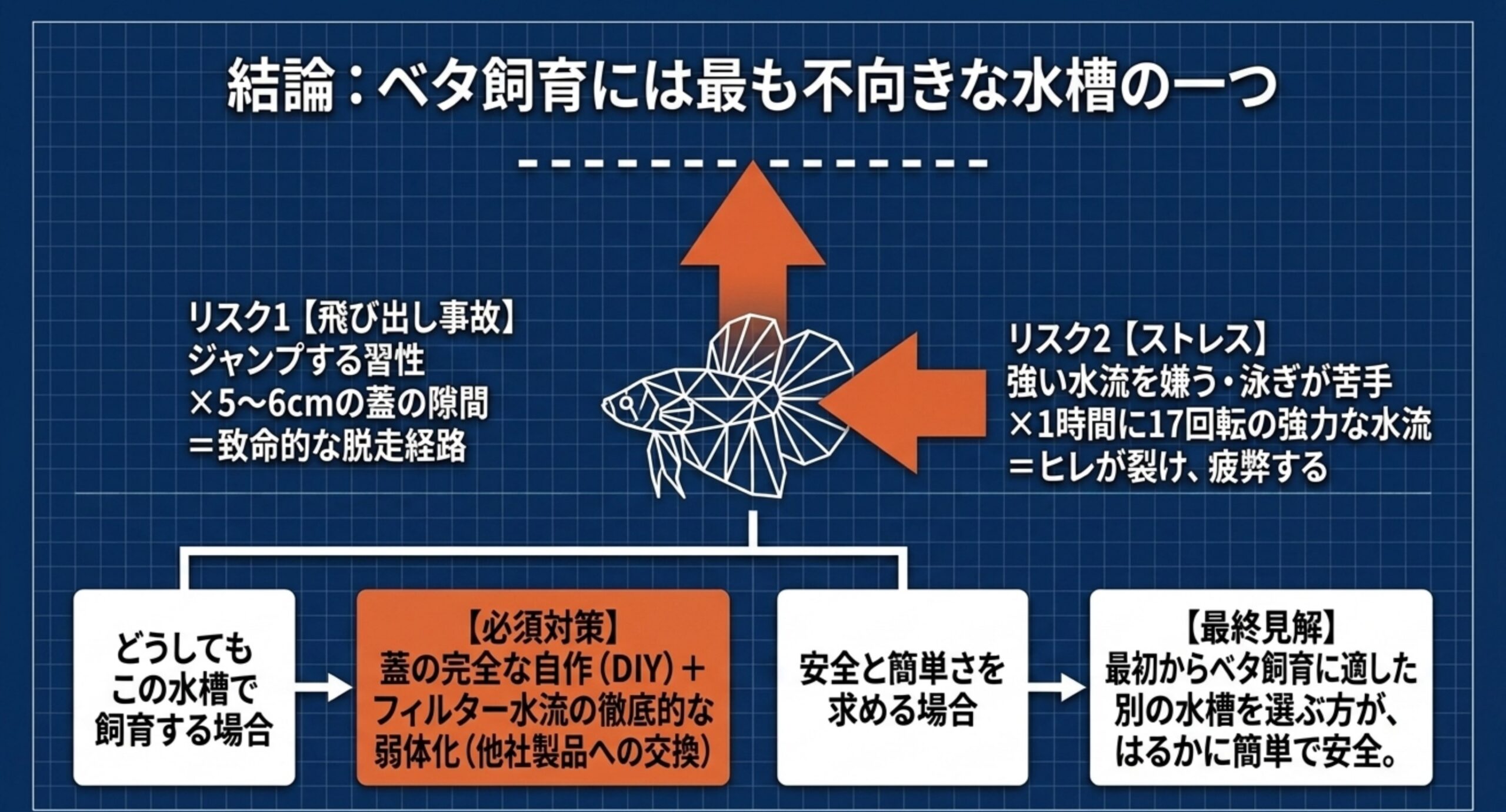 ベタ飼育で問題になる2つのリスク ジャンプする習性と蓋の5〜6cmの隙間による飛び出し事故のリスクと、強い水流を嫌うベタに1時間17回転の水流がかかるストレスのリスクを整理し、蓋の自作と水流の弱体化が必須になることを示した図解