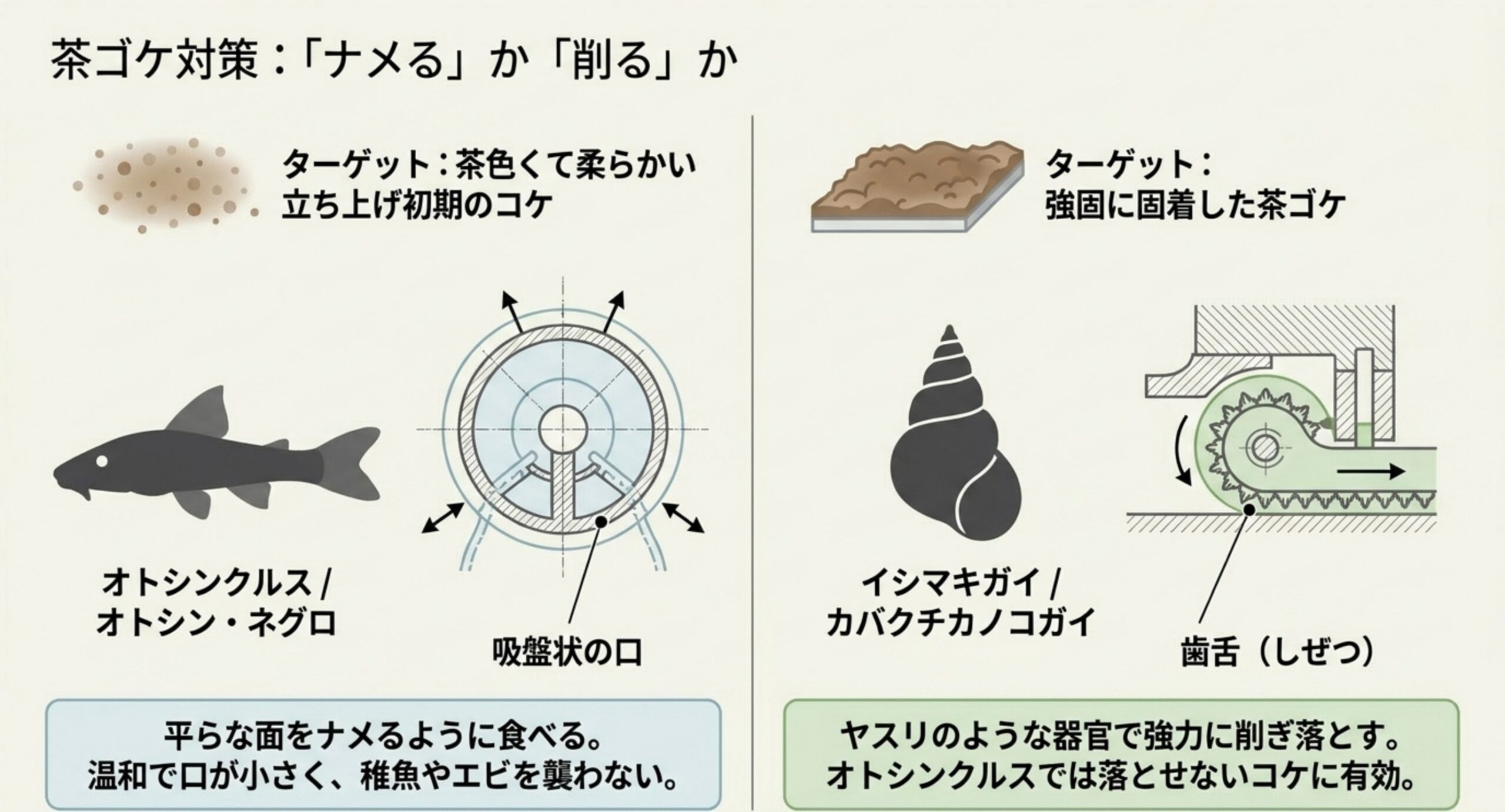 茶ゴケ対策は「ナメる」か「削る」かで選ぶ 柔らかい茶ゴケを吸盤状の口でナメて食べるオトシンクルスと、固着した茶ゴケを歯舌というヤスリ状の器官で削り落とすイシマキガイ・カバクチカノコガイを左右で比較した図解