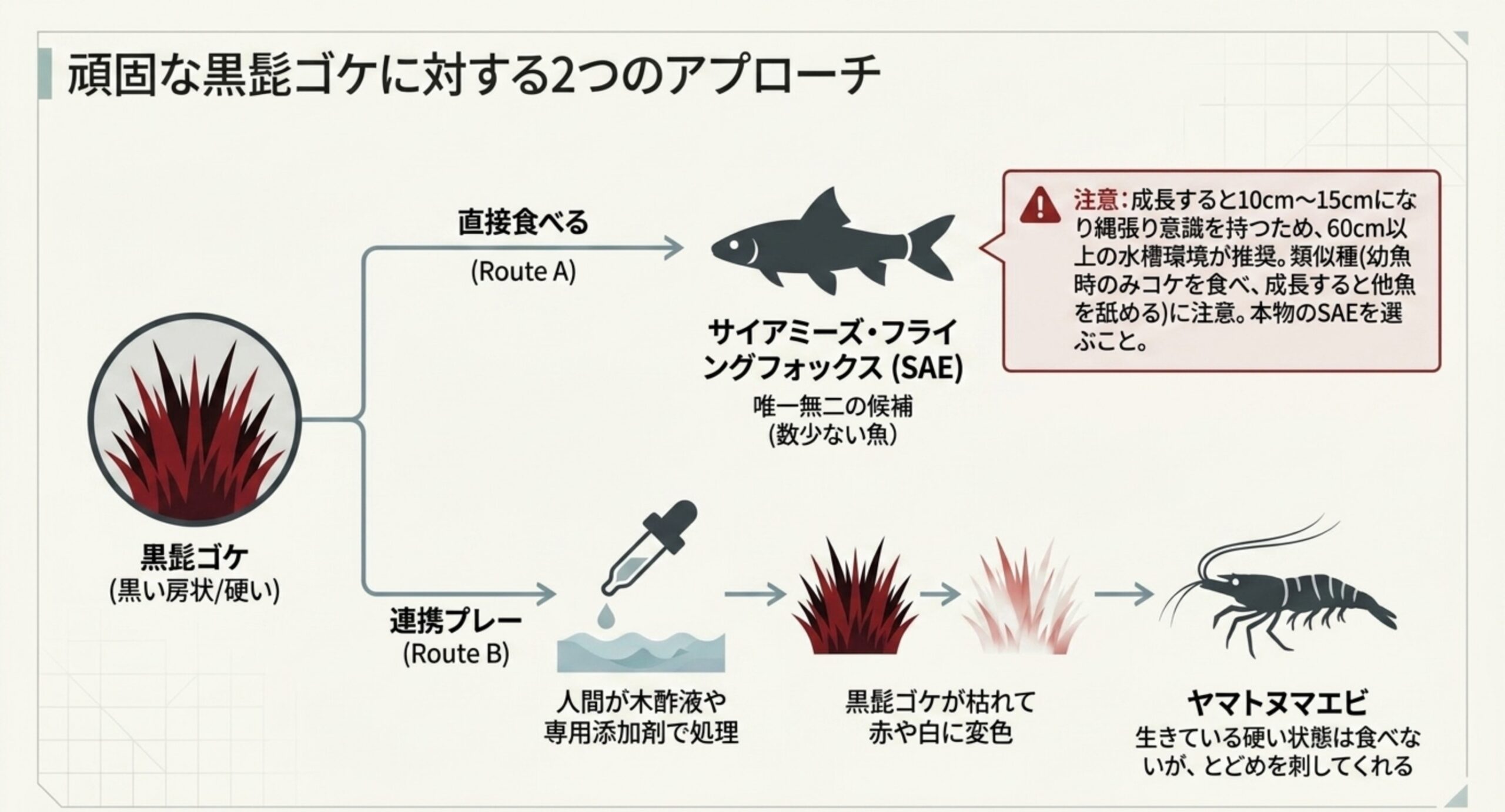 黒髭ゴケに対する2つのアプローチ 黒髭ゴケを直接食べるサイアミーズフライングフォックスの経路と、木酢液などで枯らして赤や白に変色させてからヤマトヌマエビに食べさせる連携の経路を示し、成長すると10〜15cmになり60cm以上の水槽が必要になる注意を添えた図解