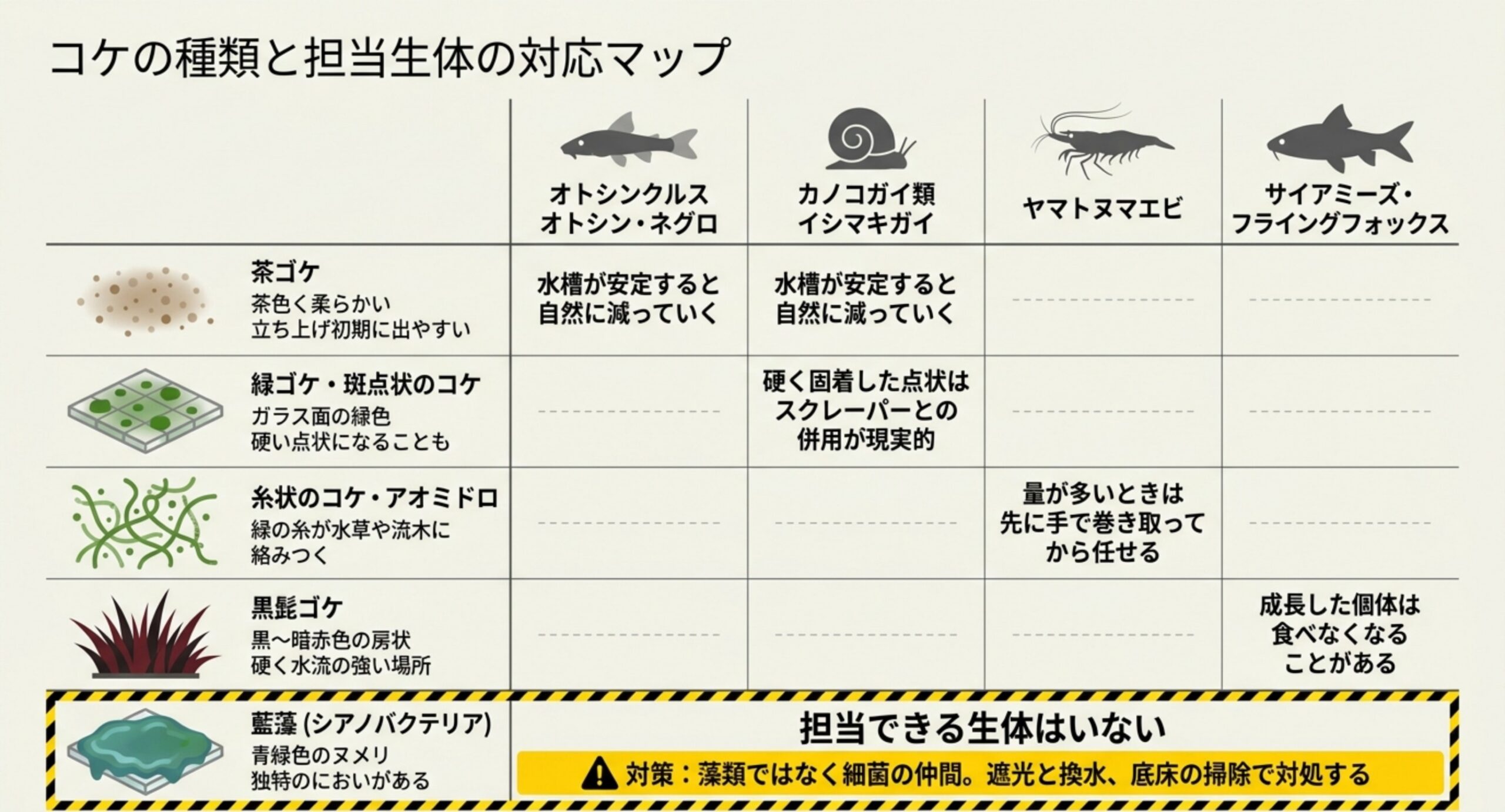 コケの種類と担当できる生体の対応マップ 茶ゴケ・緑ゴケ・糸状のコケ・黒髭ゴケ・藍藻の5種類について、オトシンクルス、カノコガイ類、ヤマトヌマエビ、サイアミーズフライングフォックスのどれが担当できるかを一覧にし、藍藻だけは担当できる生体がいないことを強調した対応表