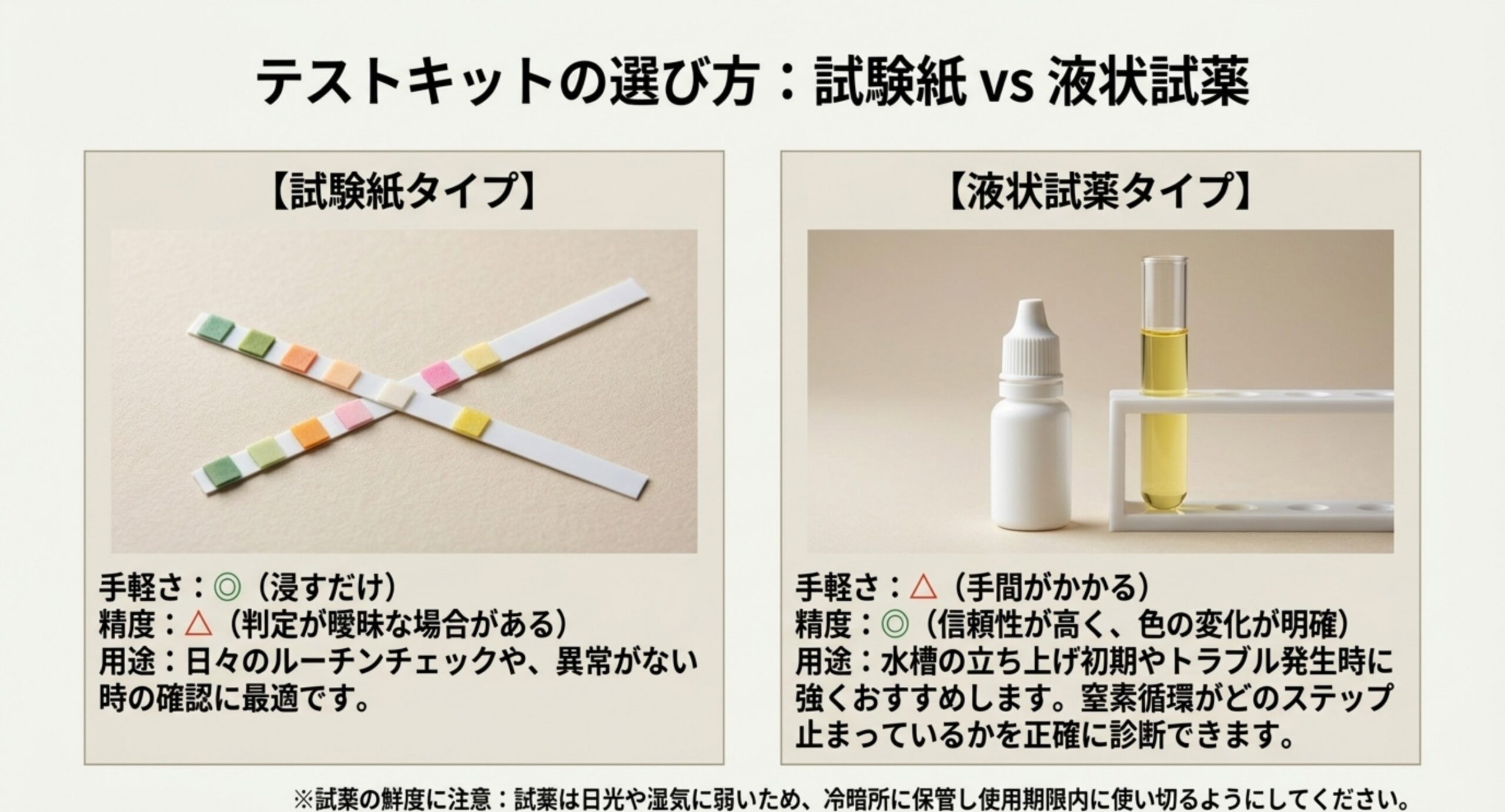 試験紙タイプと液状試薬タイプのテストキットについて、手軽さと精度、向いている用途を左右に並べて比較したスライド