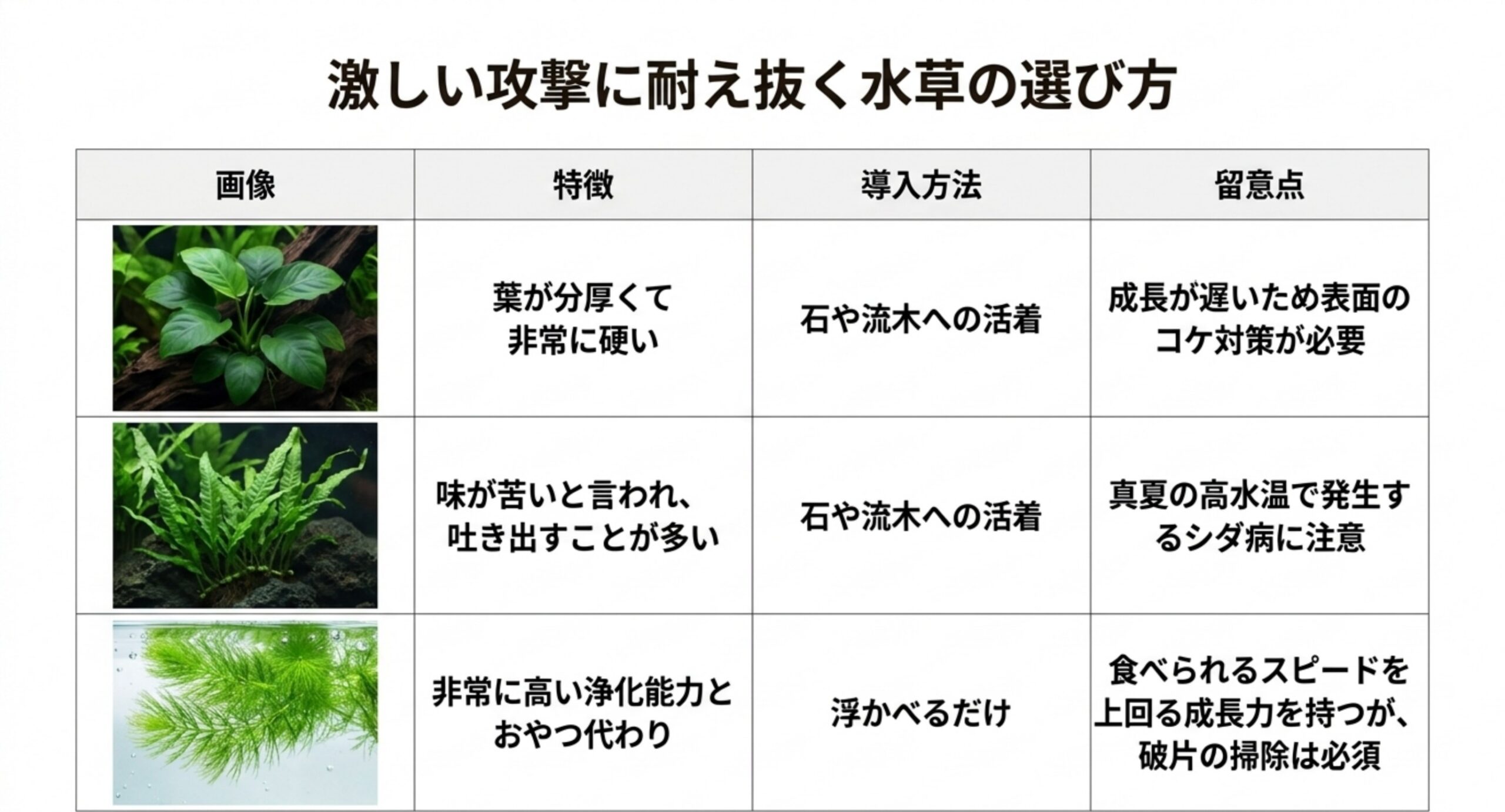 アヌビアス・ミクロソリウム・マツモについて、特徴と導入方法、留意点を比較した表のスライド