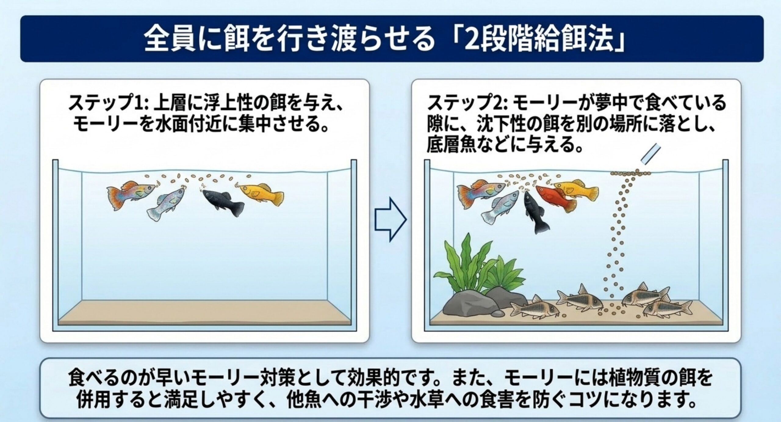 浮上性の餌でモーリーを水面に集めてから沈下性の餌を別の場所に落とす、2段階の給餌手順を左右2つの水槽図で示したスライド