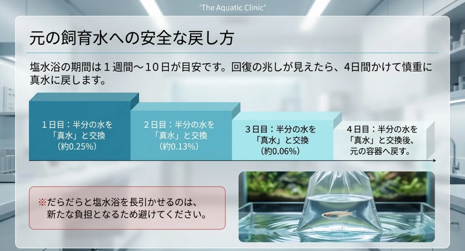 1日目から4日目まで半分ずつ真水と交換し、塩分濃度が0.25%・0.13%・0.06%と下がっていく流れを棒グラフで示した図