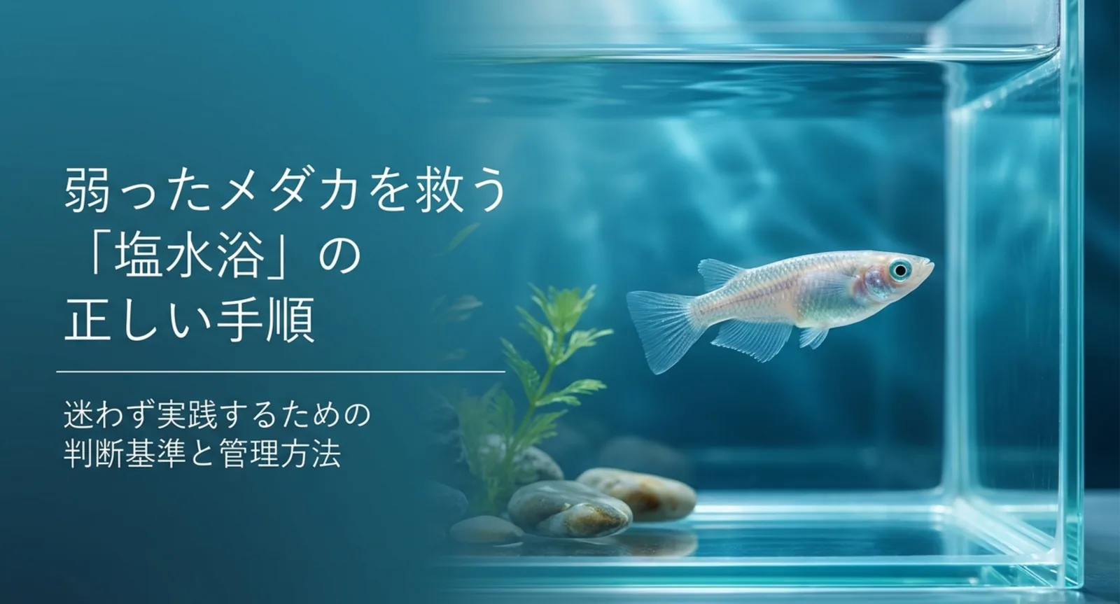 水槽の中を泳ぐメダカと、弱ったメダカを救う塩水浴の手順を示した記事の表紙