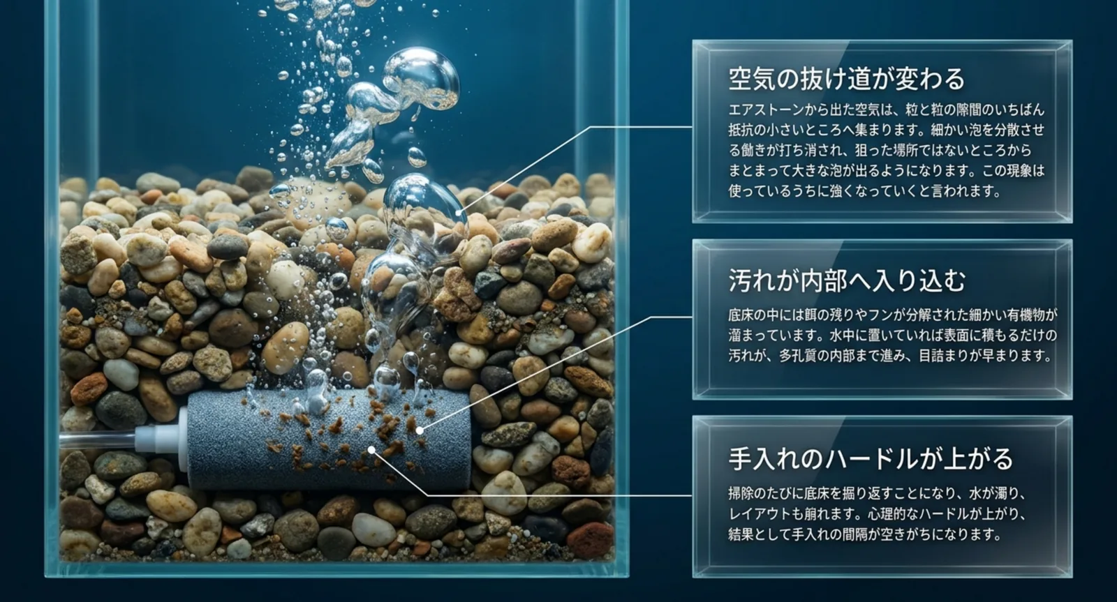 砂利に埋めたエアストーンの断面図に、空気の抜け道が変わる・汚れが内部へ入り込む・手入れのハードルが上がるという三つの変化を並べたスライド