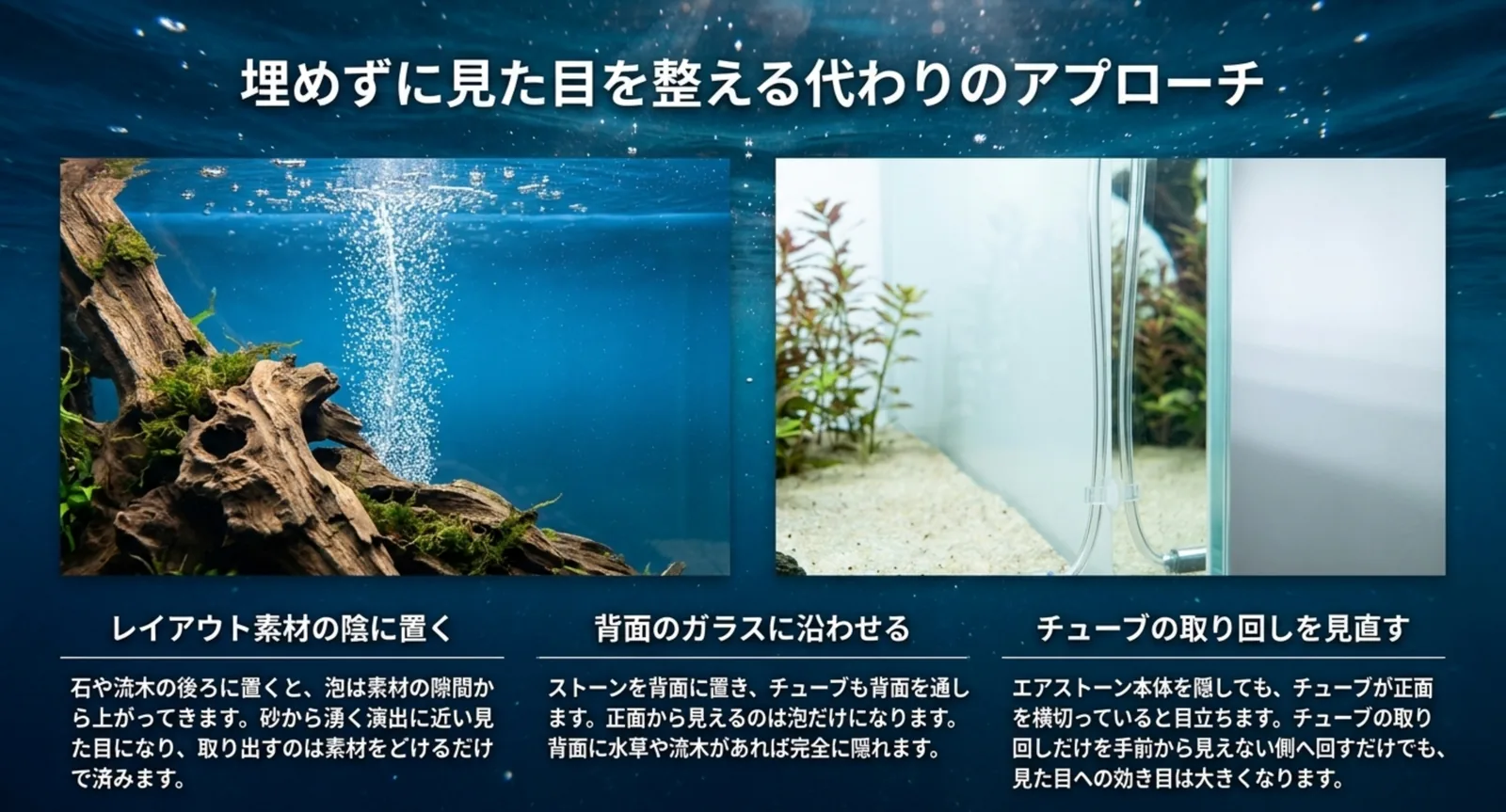 レイアウト素材の陰に置く、背面のガラスに沿わせる、チューブの取り回しを見直すという三つの方法を水槽写真とともに並べたスライド