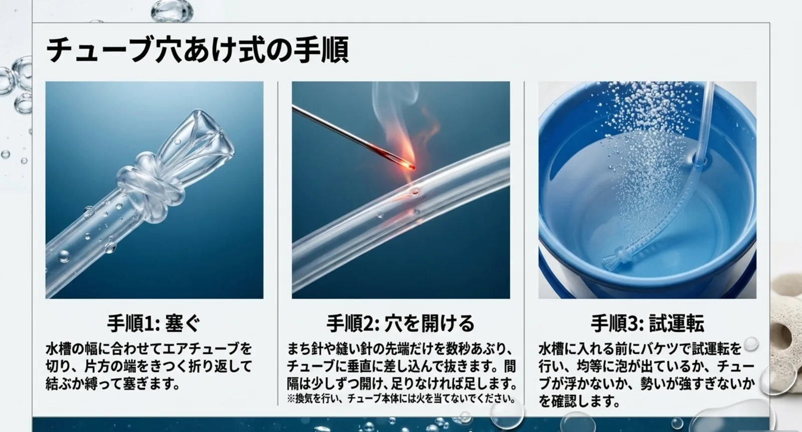 端を塞ぐ、熱した針で穴を開ける、バケツで試運転するという三つの手順を写真と説明で並べたスライド