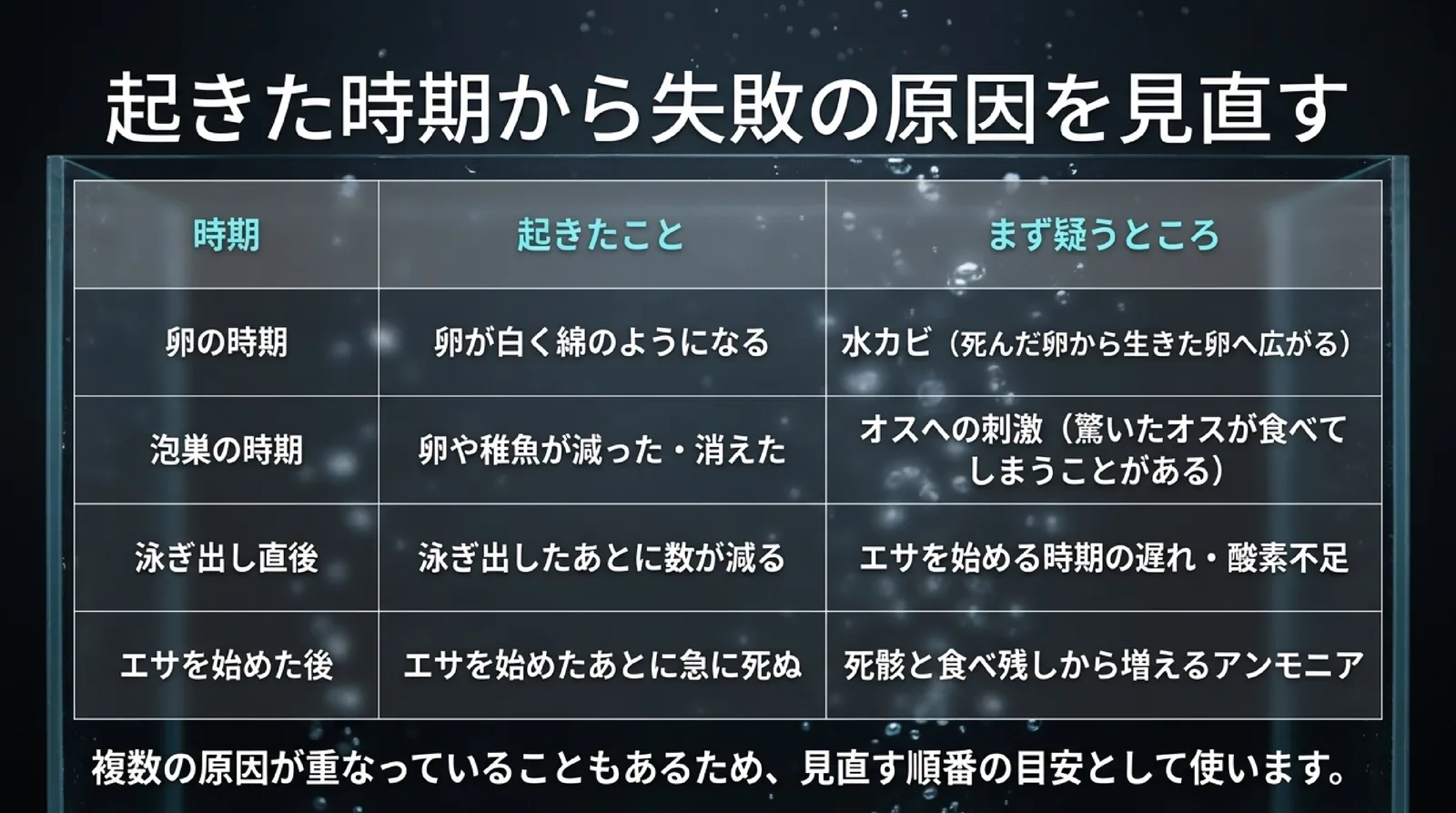 卵の時期、泡巣の時期、泳ぎ出し直後、エサを始めた後の4つの時期ごとに、起きたことと、まず疑うところを並べた表のスライド