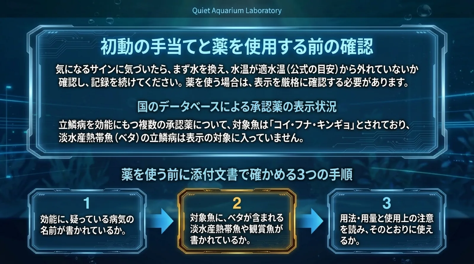 まず水を換えて水温を確かめ記録を続けることと、立鱗病を効能にもつ承認薬の対象魚はコイ・フナ・キンギョで、薬を使う前に効能・対象魚・用法用量を添付文書で確かめることを示したスライド