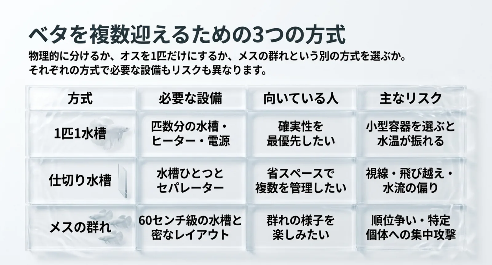 1匹1水槽・仕切り水槽・メスの群れという3方式を、必要な設備とリスクで比べた表