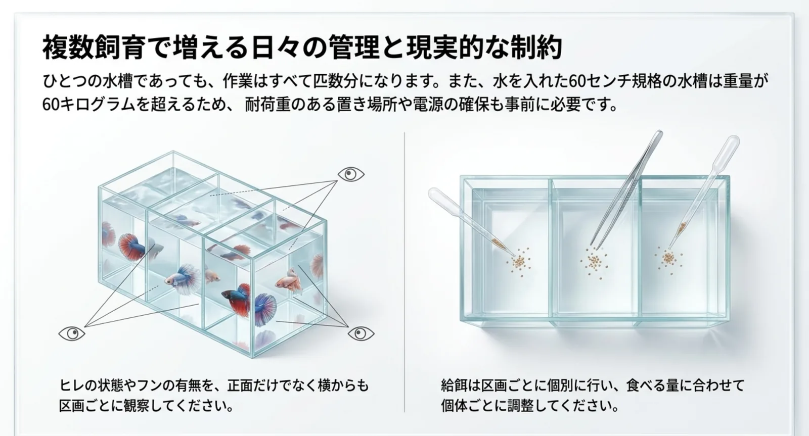 区画ごとの観察と給餌の手間、60cm水槽の重量による置き場所の制約を示した図