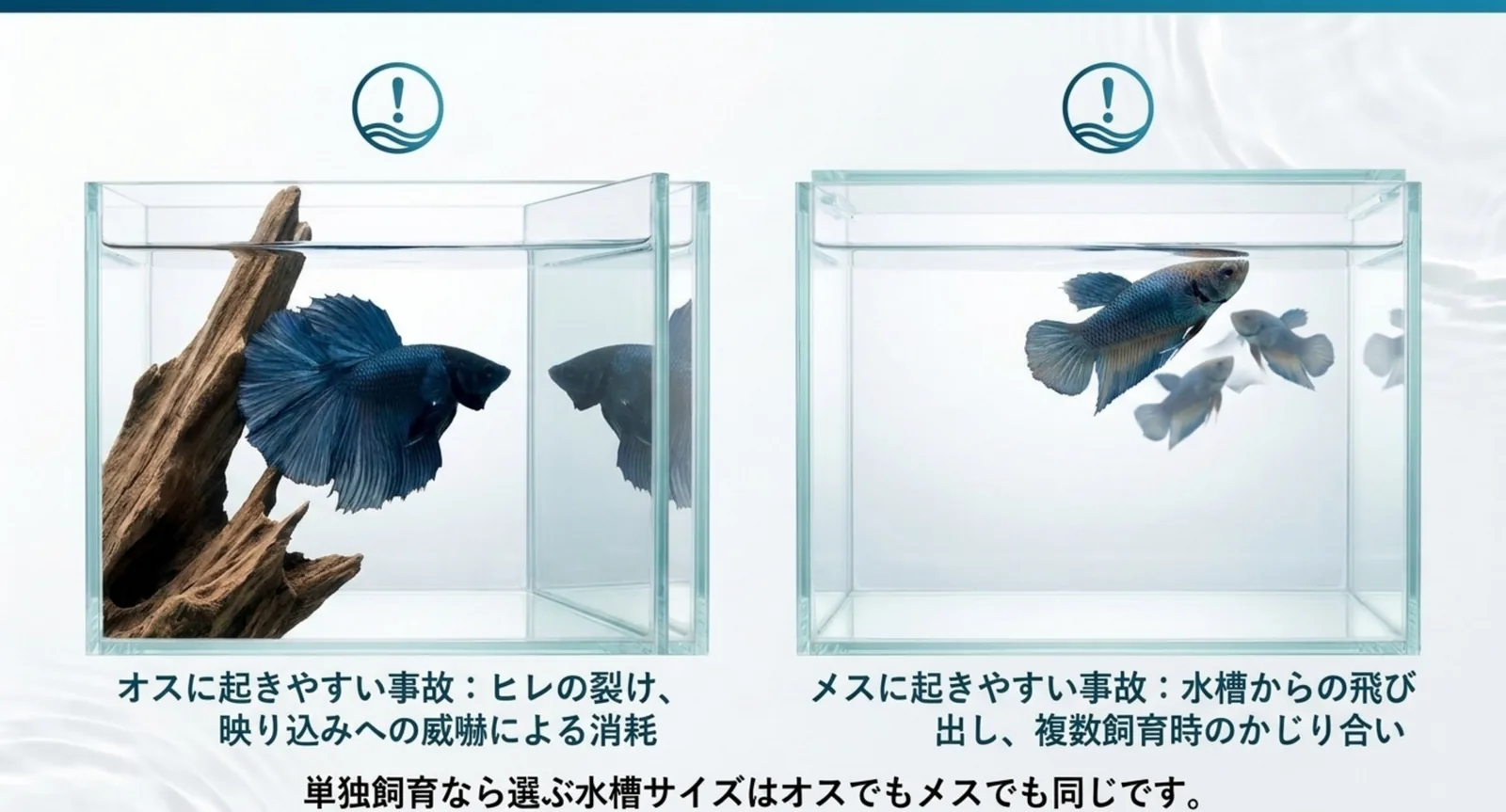 オスのヒレ裂け・映り込みへの威嚇と、メスの飛び出し・かじり合いを並べた図
