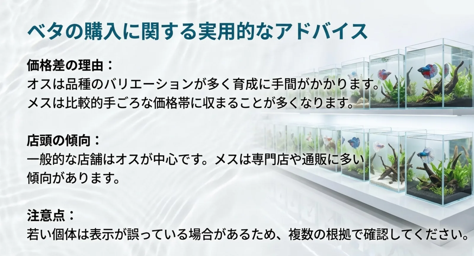 オスとメスの価格差が生まれる理由と、店頭・専門店での入手しやすさの違いを示した図