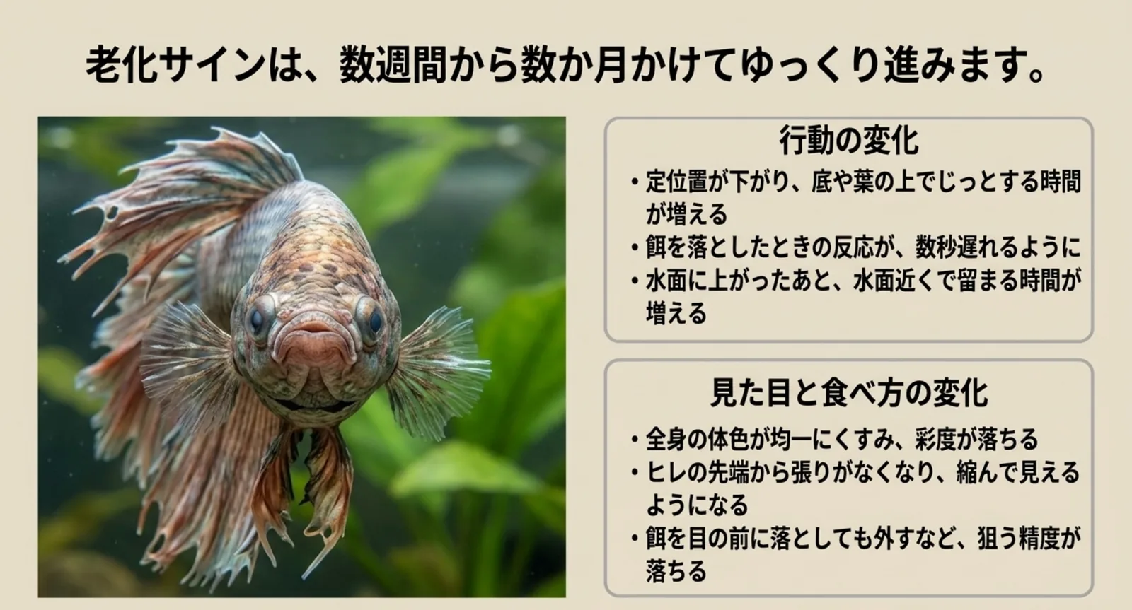定位置が下がる・餌への反応が遅れるなど、ベタの老化サインを行動と見た目で分けた図
