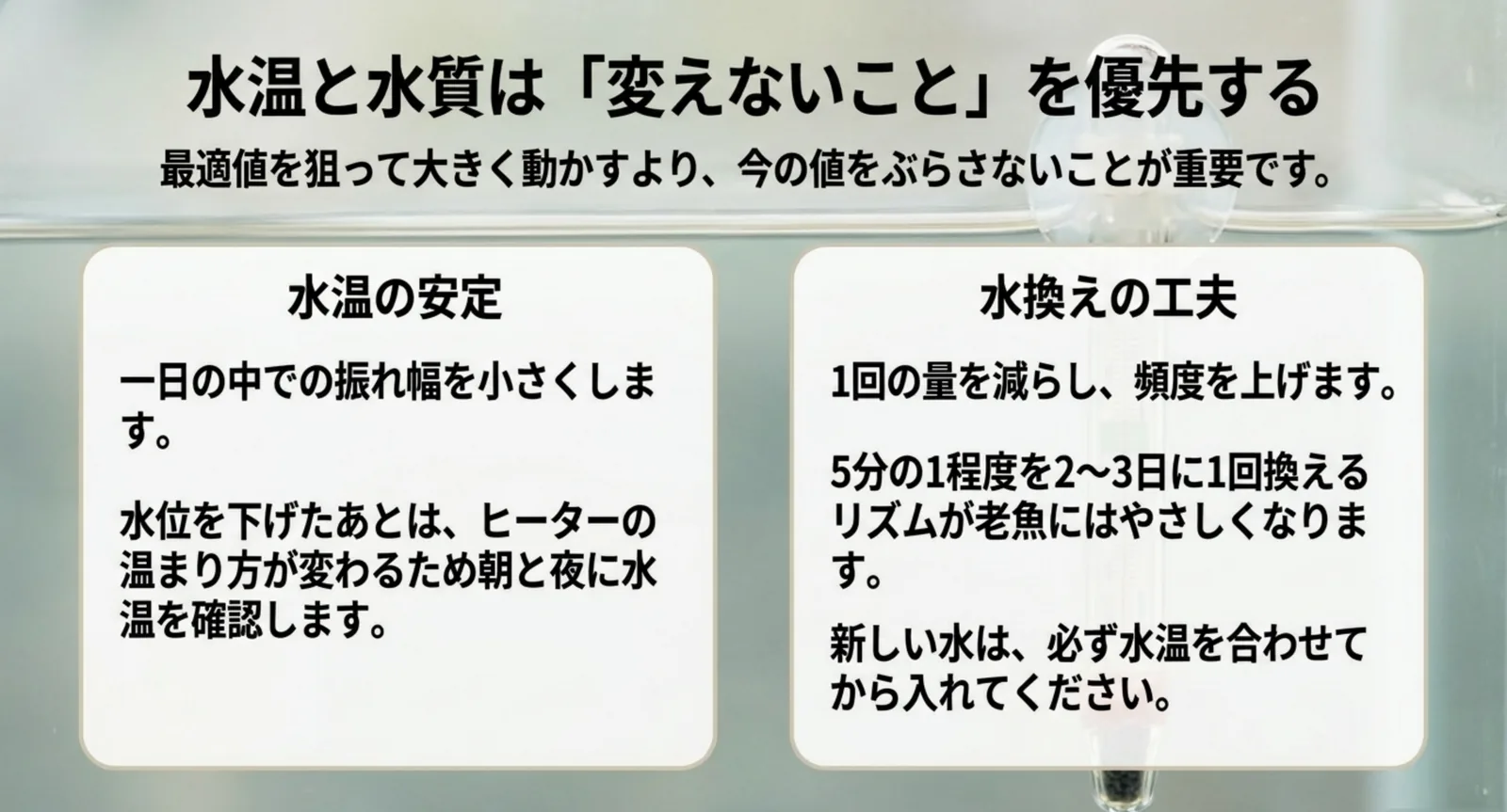 老魚の水温管理と、1回の量を減らして頻度を上げる水換えの考え方を示した図