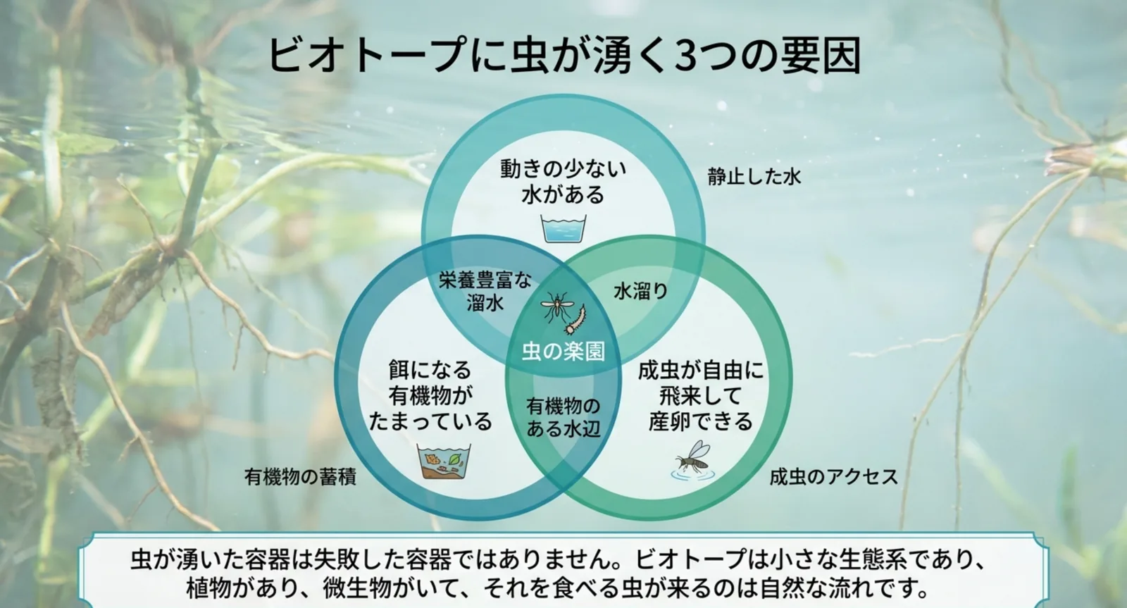 動きの少ない水・餌になる有機物・成虫の飛来という3つの要因の重なりをベン図で示したスライド