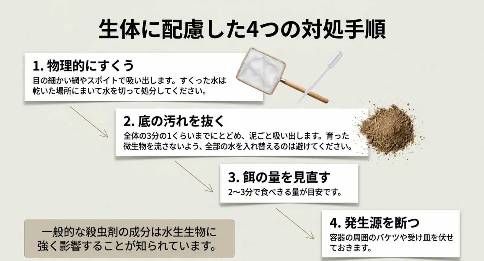 すくう・底の汚れを抜く・餌の量を見直す・発生源を断つという4段階の手順を順に示したスライド