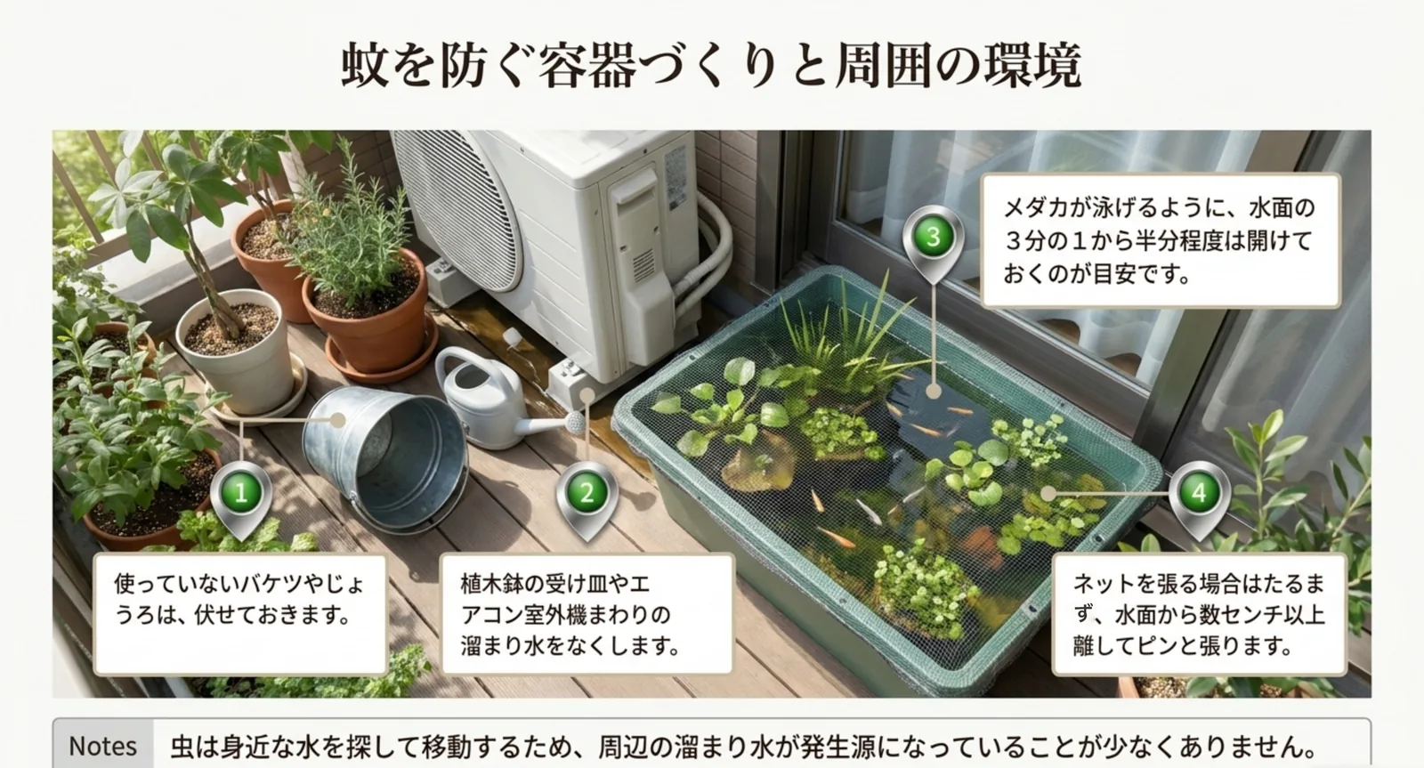 ベランダのビオトープで、伏せたバケツ・受け皿の溜まり水・開けた水面・水面から離したネットの4点を示したスライド