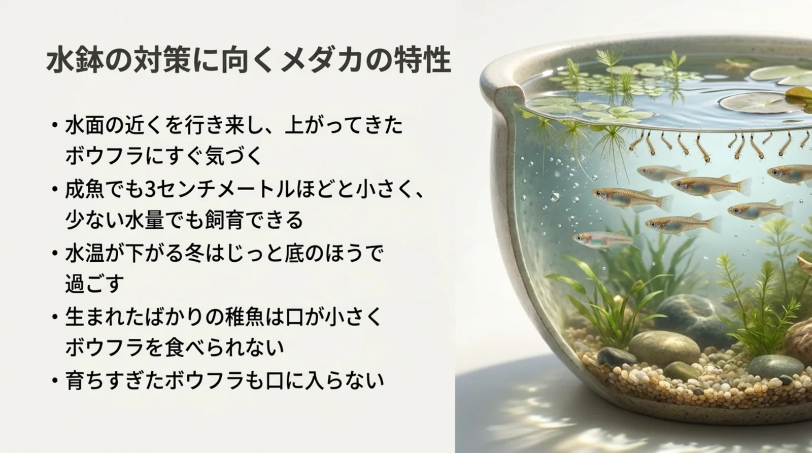 水面近くを泳ぐメダカの特性と、稚魚や育ちすぎたボウフラは食べられないことを箇条書きで整理したスライド