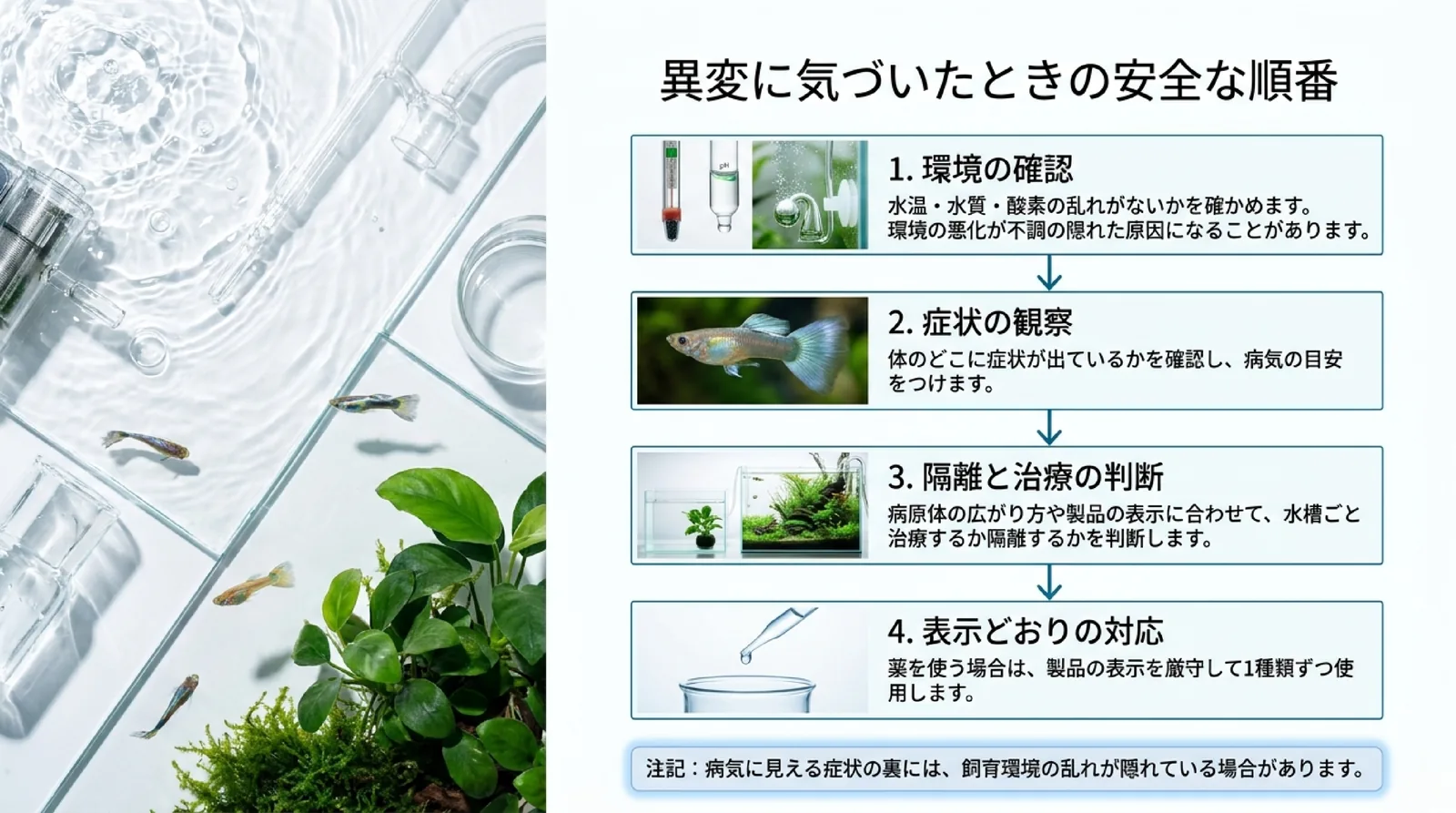 環境の確認、症状の観察、隔離と治療の判断、表示どおりの対応の順に進めることを示したスライド