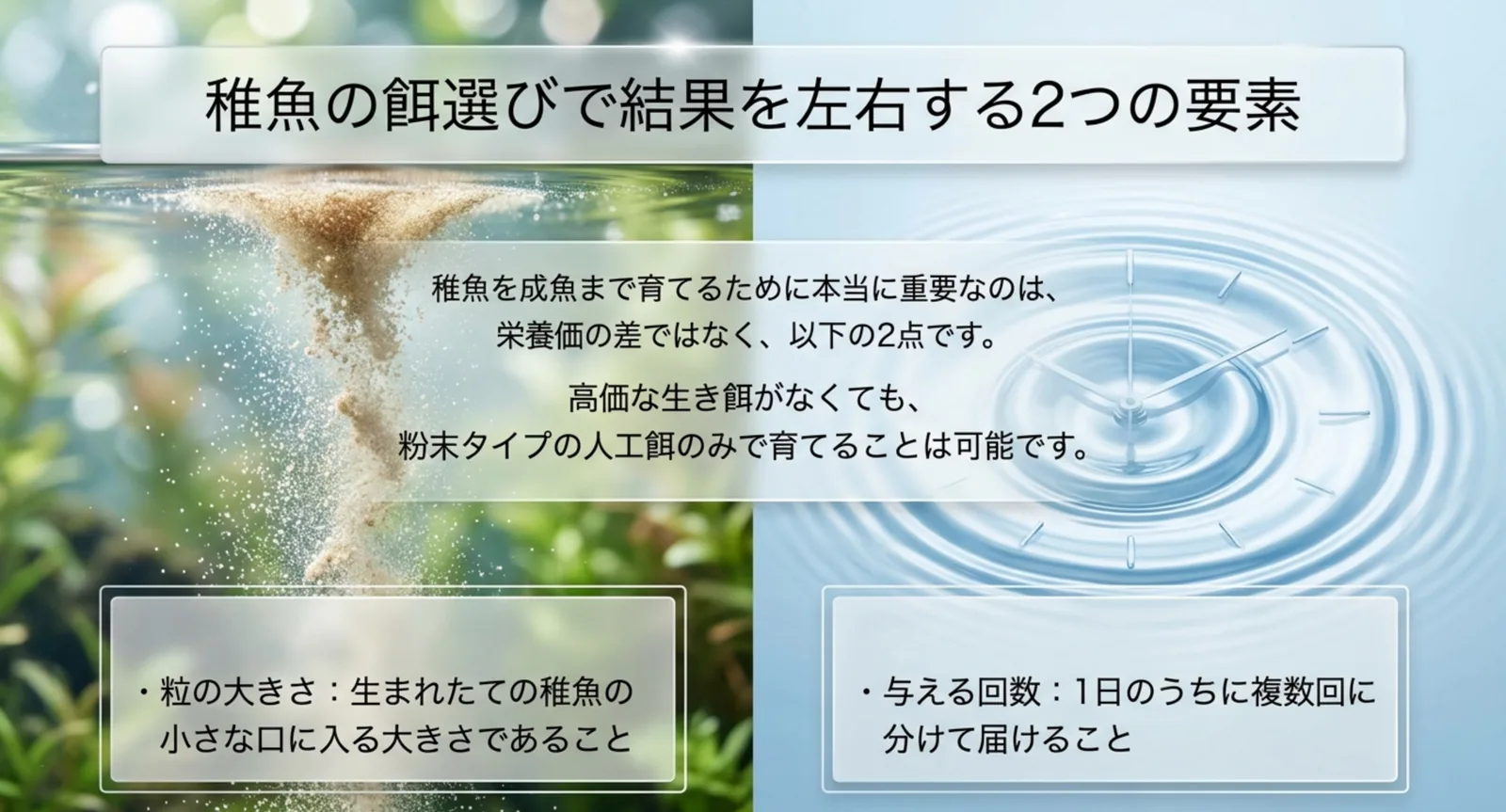 粒の大きさと与える回数という、稚魚の餌選びで効く2要素を示した図