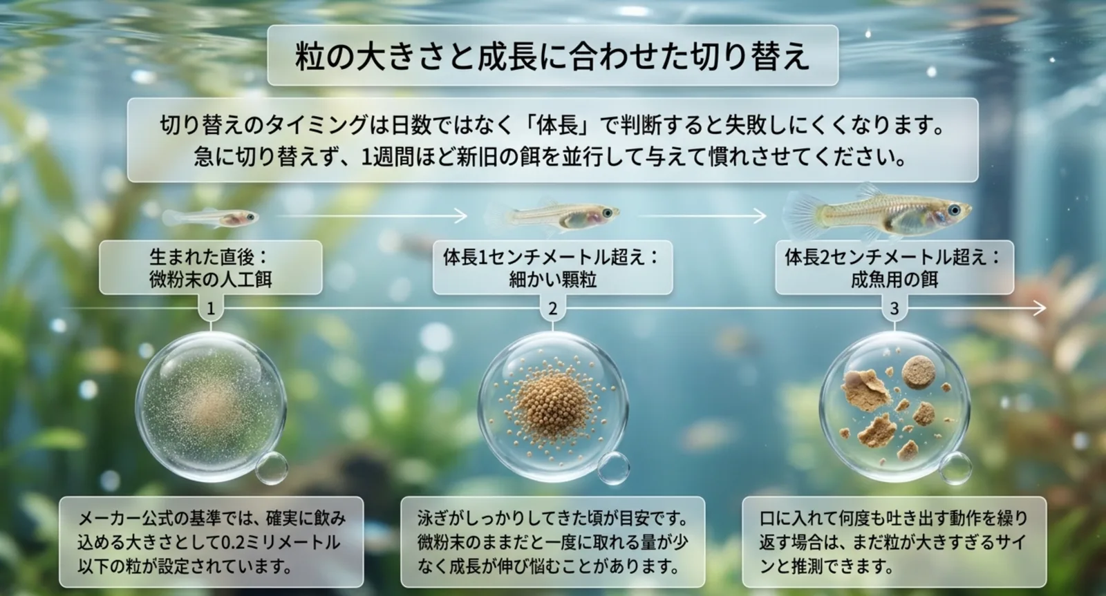 生まれた直後の微粉末から、体長1cm・2cmで切り替える粒の大きさを示した図