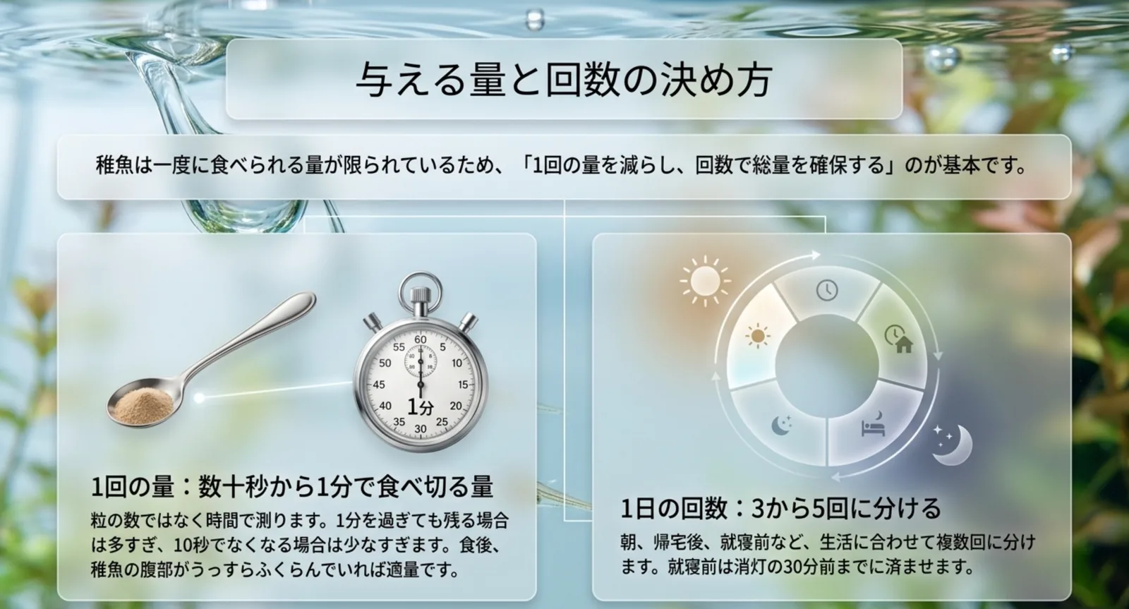 1回の量は数十秒から1分で食べ切る量、回数は1日3〜5回という目安を示した図