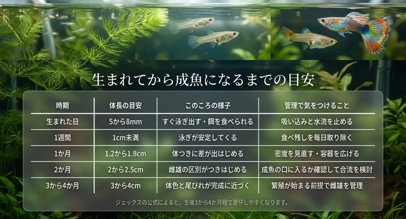 生まれた日の5〜8mmから3〜4か月で3〜4cmまで、時期ごとの体長と管理の注意をまとめた表