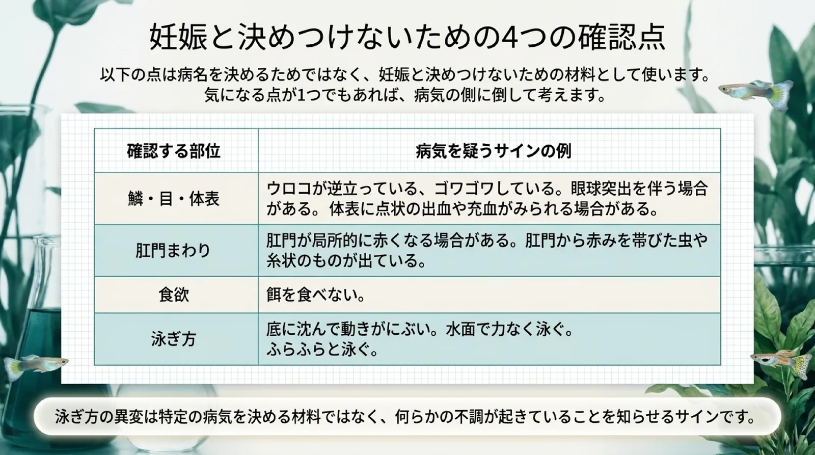 鱗・目・体表、肛門まわり、食欲、泳ぎ方の4つについて病気を疑うサインの例を並べ、病名を決めるためではなく妊娠と決めつけないための材料と添えた表のスライド