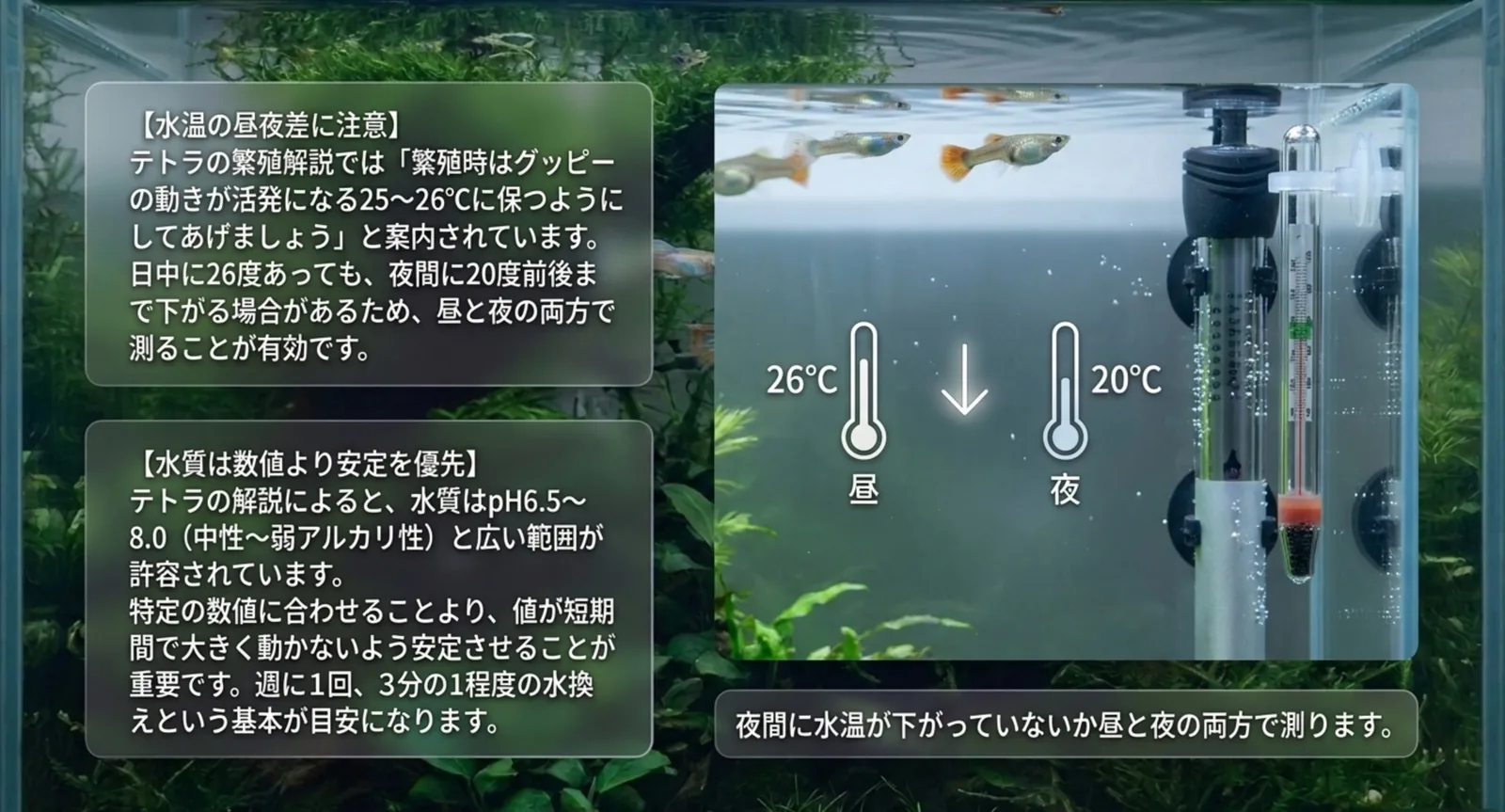 昼は26度でも夜に20度まで下がる例と、pH6.5〜8.0という許容範囲を示した図