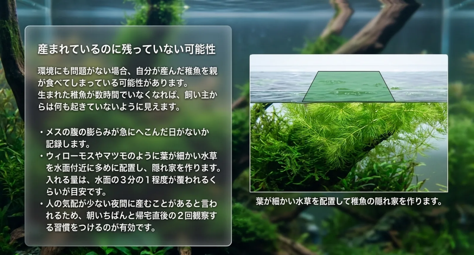 葉の細かい水草を水面付近に配置して稚魚の隠れ家を作る様子を示した図