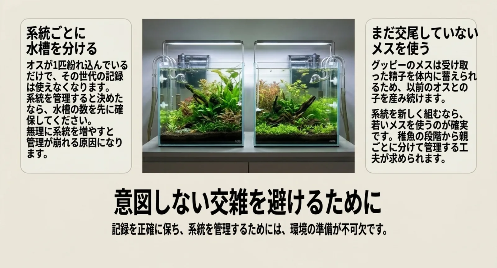 系統ごとに水槽を分けること、まだ交尾していないメスを使うことを示した図