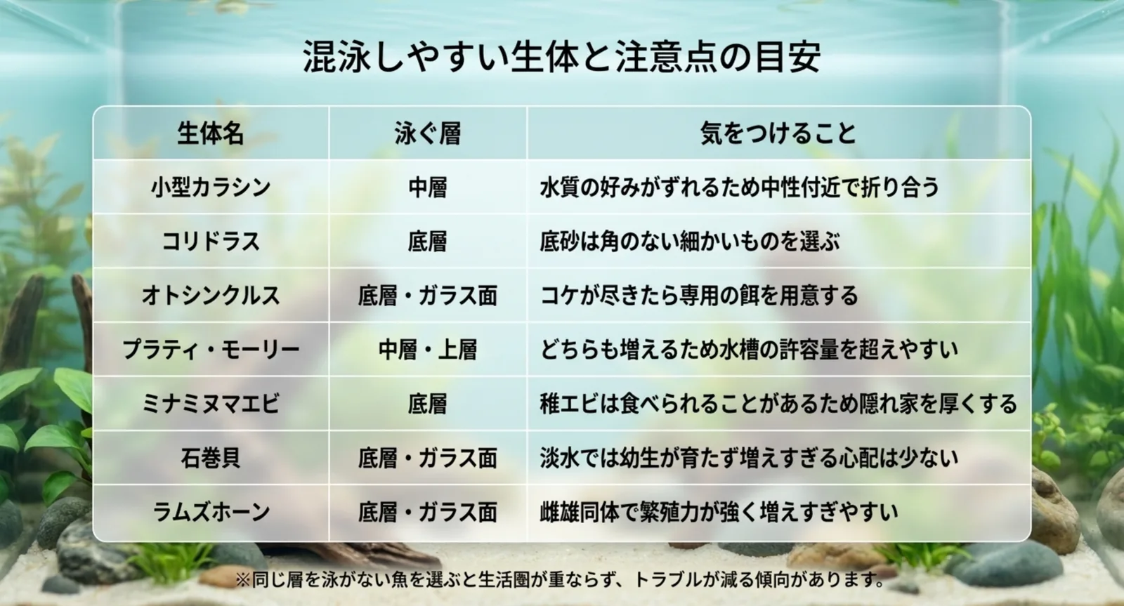 小型カラシンからラムズホーンまで、泳ぐ層と気をつけることをまとめた一覧表