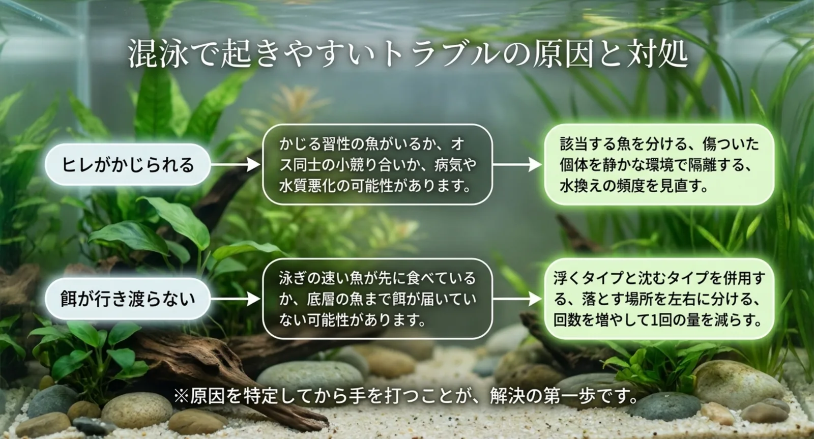 ヒレがかじられる・餌が行き渡らないという症状から原因と対処へつなぐ流れ図