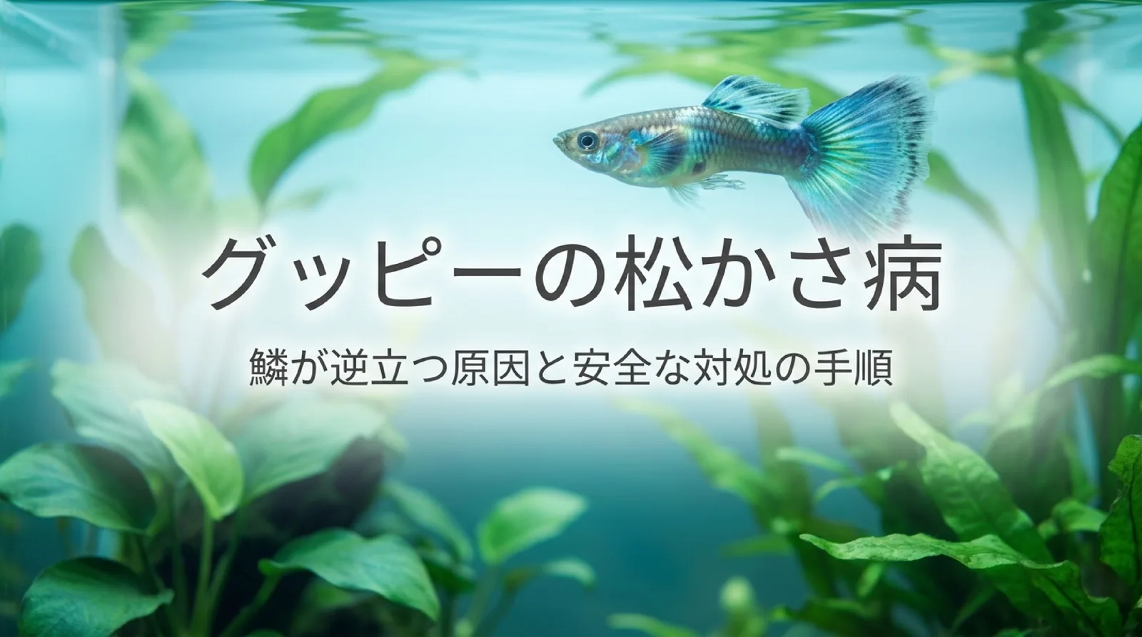 水草の水槽を泳ぐグッピーの写真に、グッピーの松かさ病と鱗が逆立つ原因と安全な対処の手順のタイトルを重ねた表紙のスライド