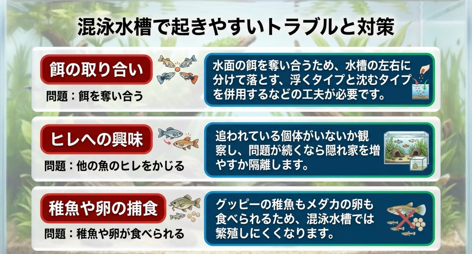餌の取り合い、ヒレへの興味、稚魚や卵の捕食という3つの問題と対策を並べた図