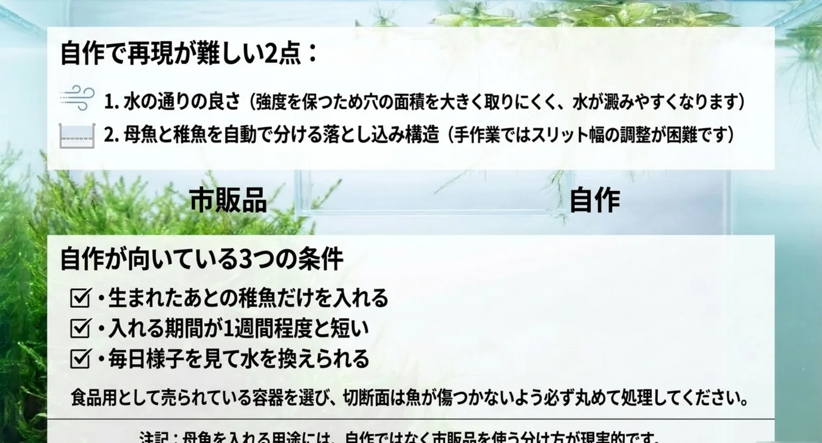 自作の産卵箱で再現が難しい通水性と落とし込み構造、自作が向く条件をまとめた図