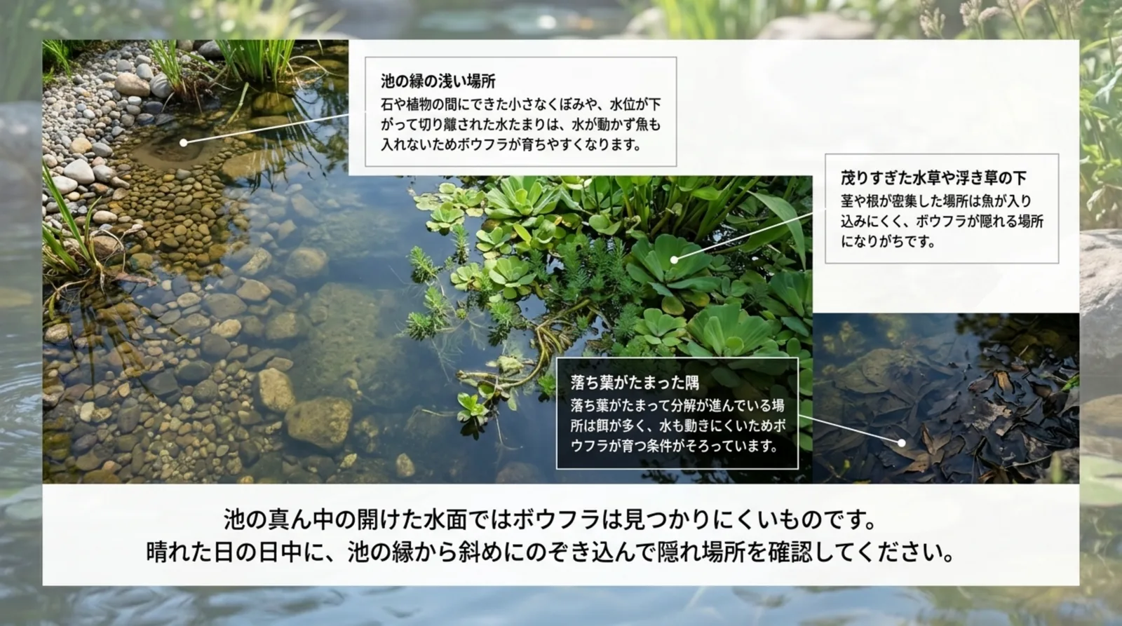 池の縁の浅い場所、茂りすぎた水草や浮き草の下、落ち葉がたまった隅など、池の中でボウフラが育ちやすい場所を示した図解