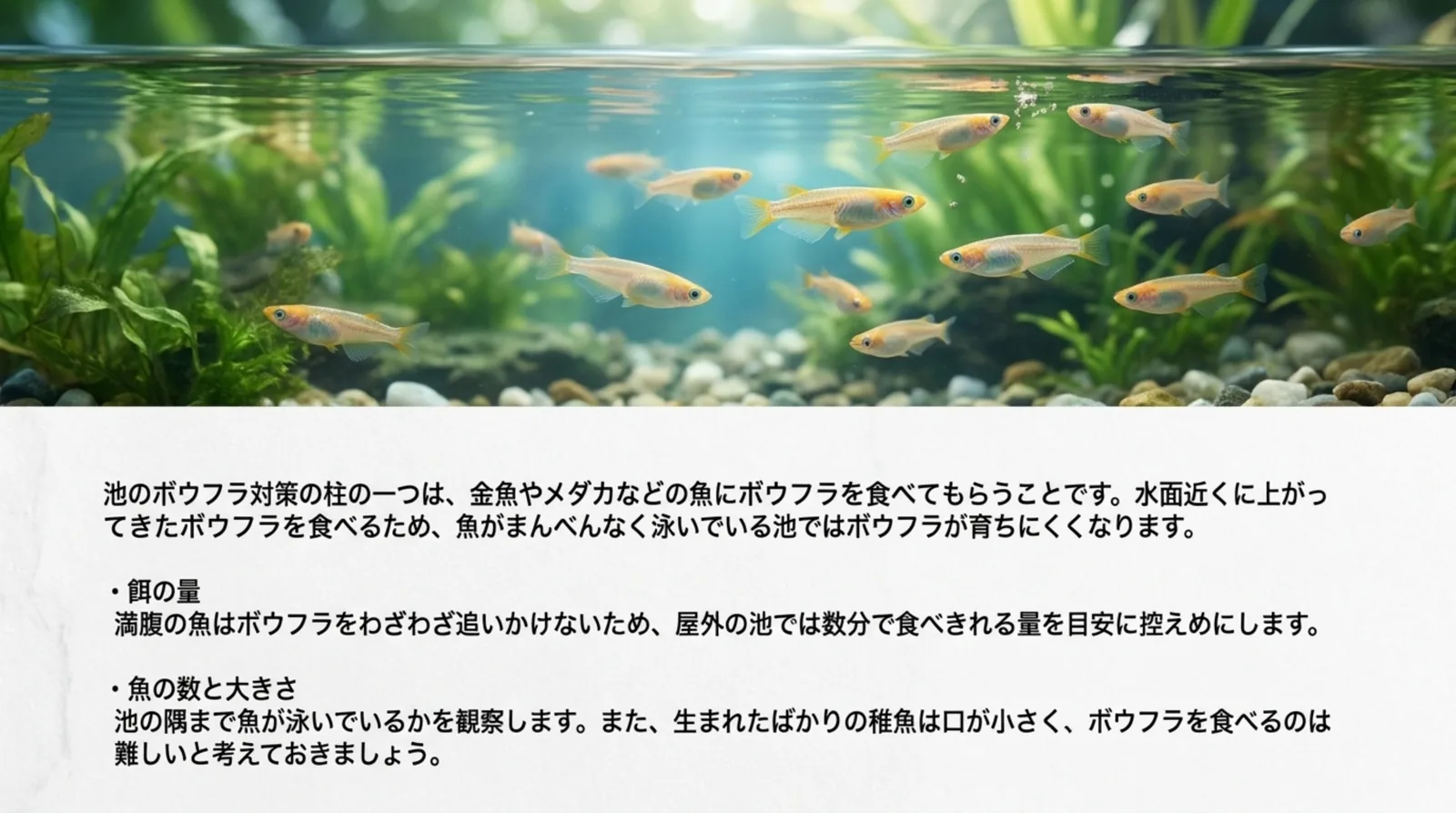 水面近くを泳ぐメダカと、ボウフラを食べてもらうための餌の量と魚の数の考え方をまとめた図解