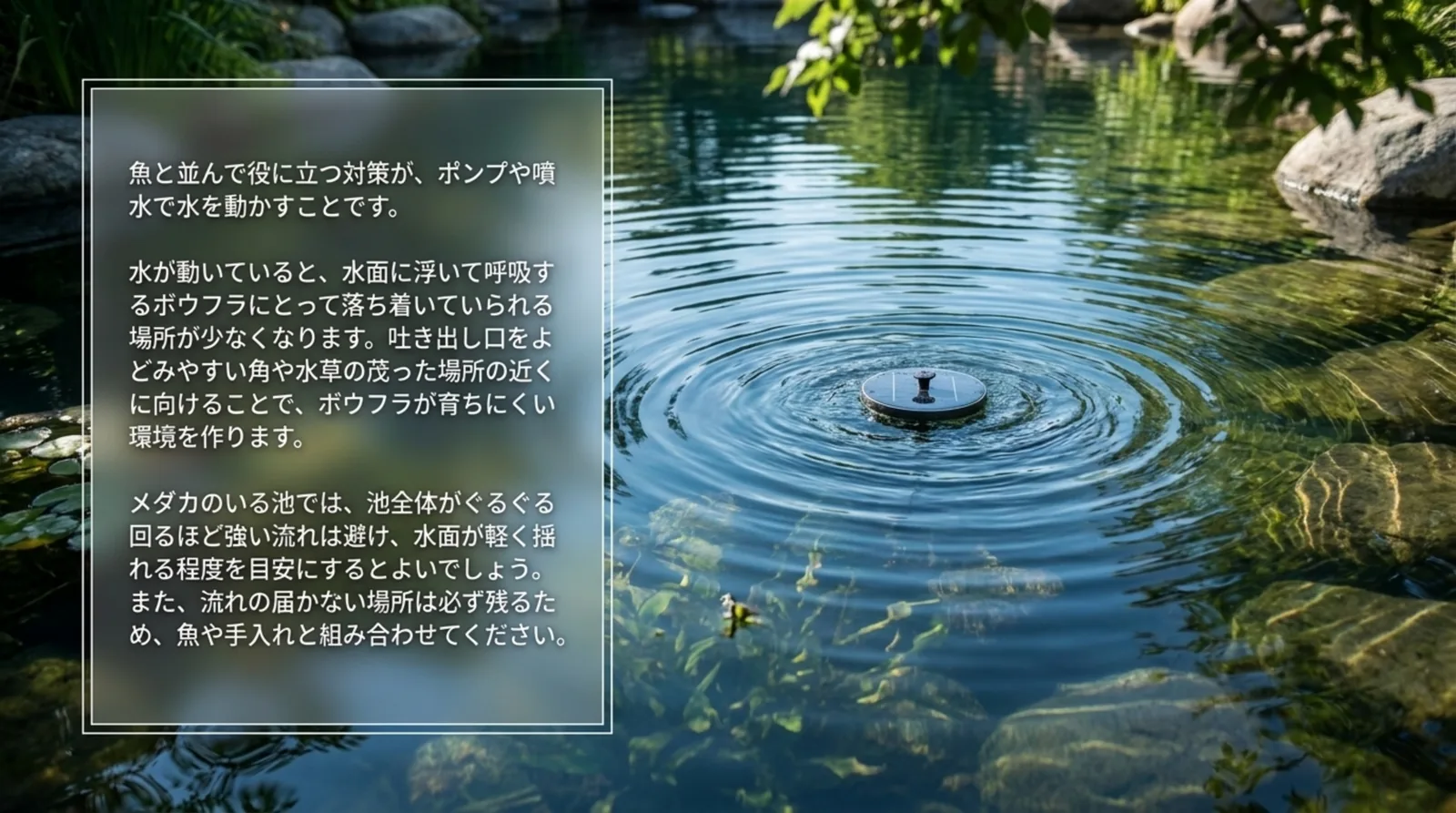 池の水面に波紋を広げる噴水ポンプと、水を動かしてボウフラが育ちにくい池にする考え方の図解