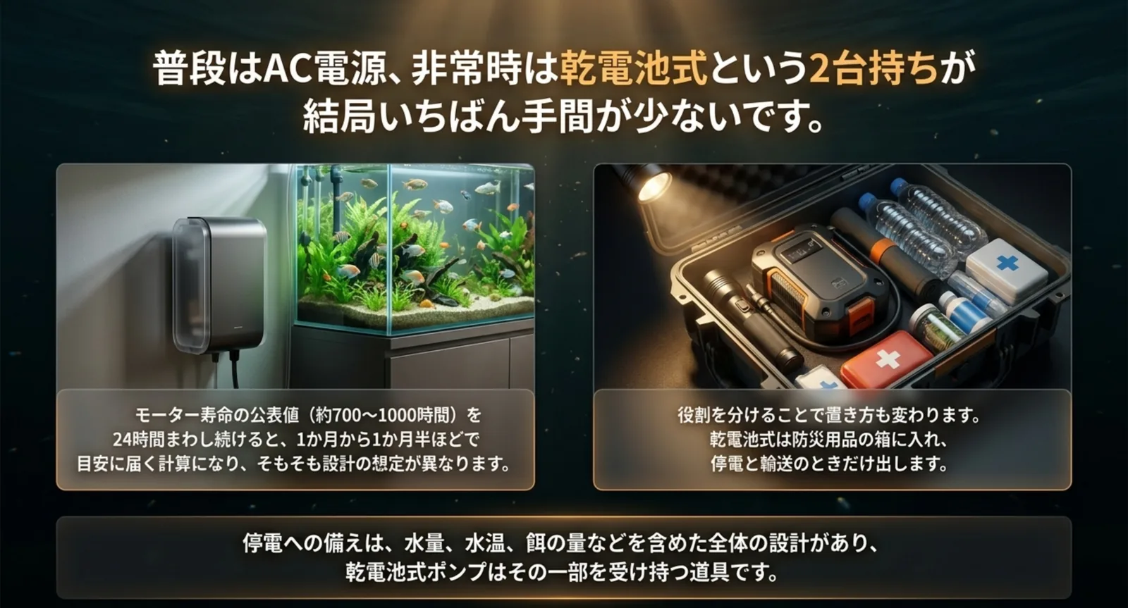 室内の据え置き水槽と防災用品の箱を並べ、普段はAC電源、停電と輸送のときだけ乾電池式を出すという役割分担を示したスライド