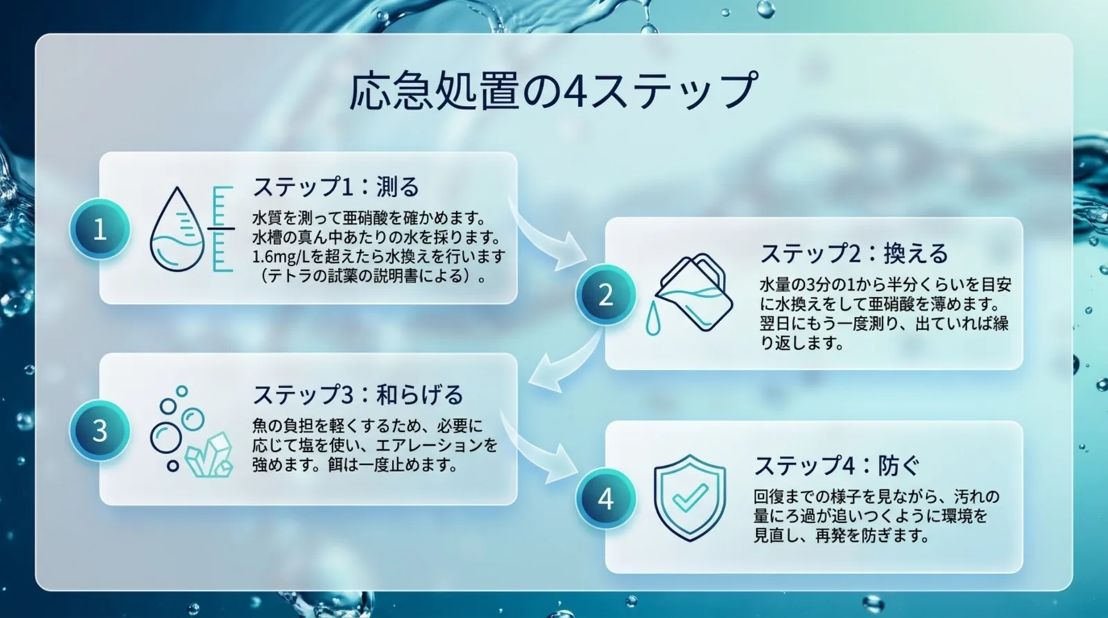 水質を測る、水換えで薄める、塩とエアレーションで負担を和らげる、再発を防ぐという亜硝酸中毒の応急処置の4ステップ