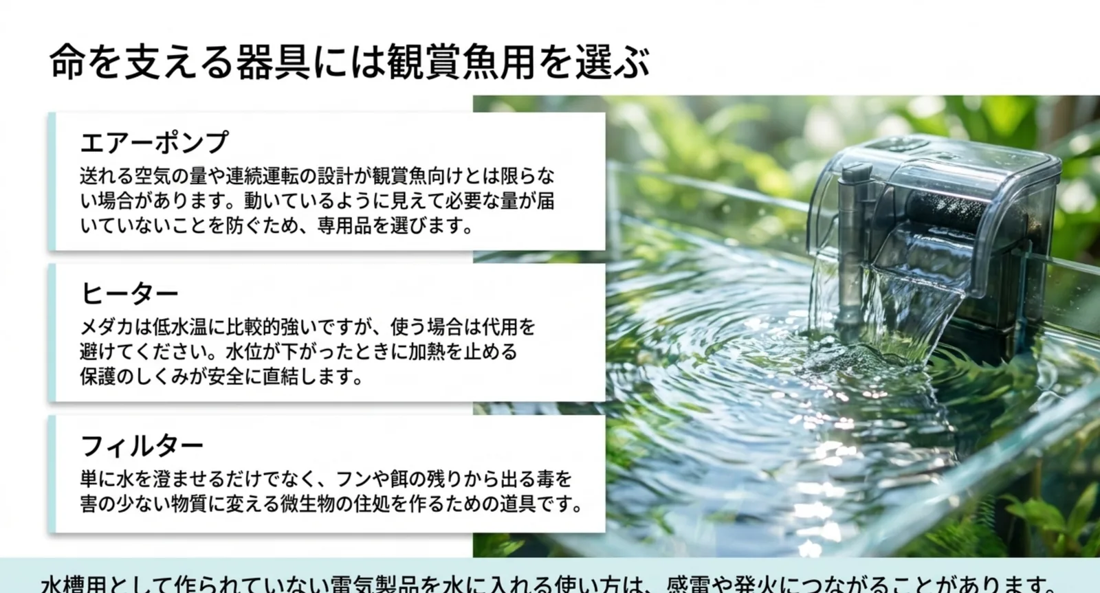 エアーポンプ・ヒーター・フィルターの3つについて、観賞魚用を選ぶ理由を並べ、水槽用でない電気製品を水に入れないよう注意を添えたスライド