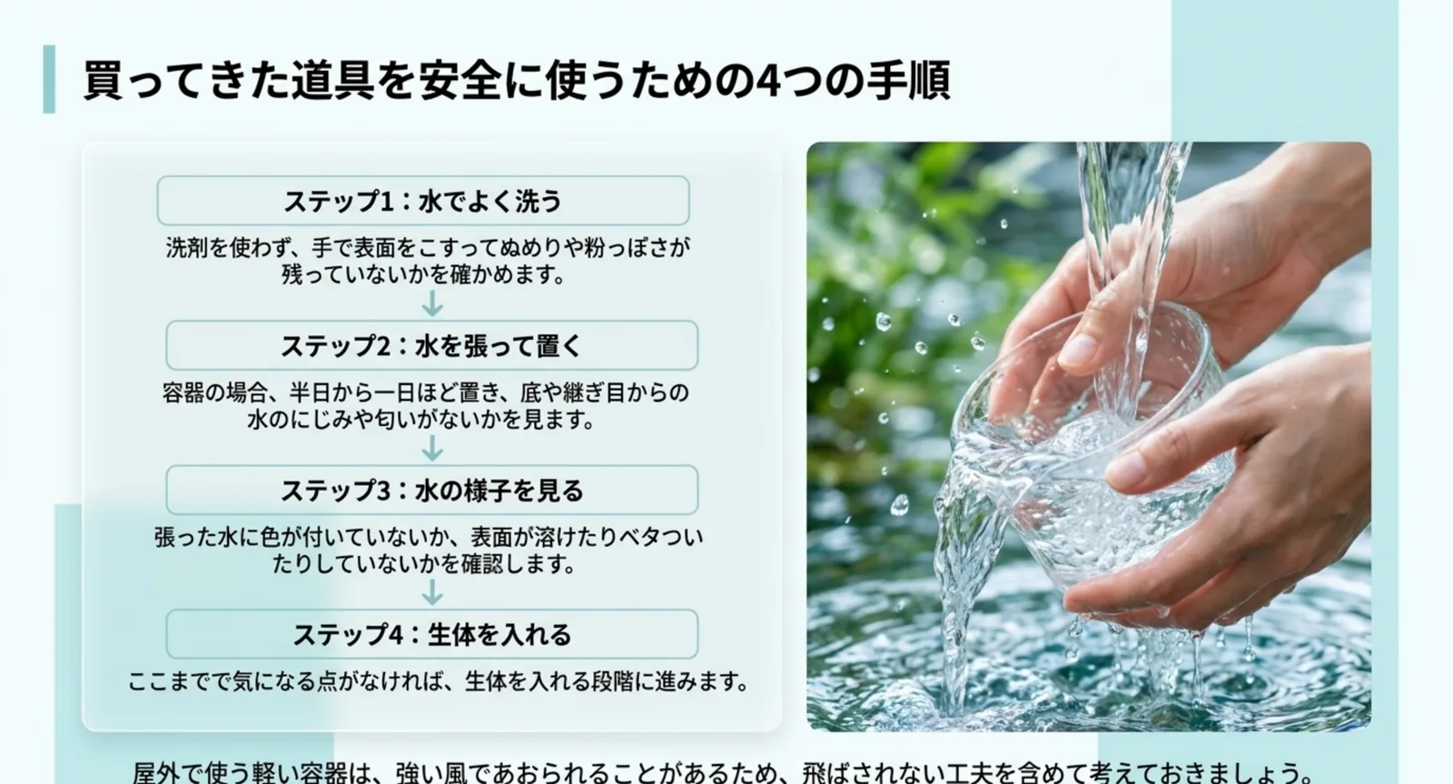 水でよく洗う・水を張って半日から一日置く・水の様子を見る・生体を入れる、という4つの手順を順番に並べたスライド