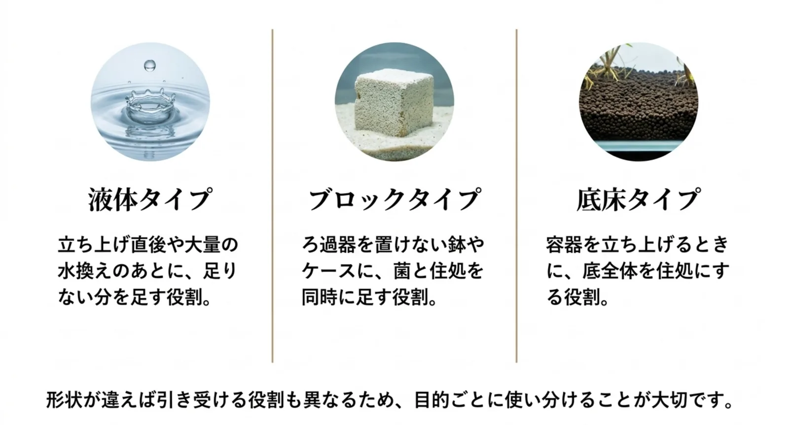 液体タイプ・ブロックタイプ・底床タイプの写真を並べ、それぞれが引き受ける役割の違いを説明したスライド