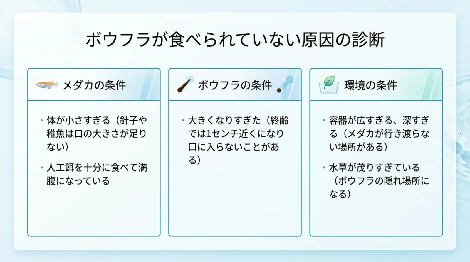 メダカの条件・ボウフラの条件・環境の条件の3列に分けて、体が小さすぎる、終齢で1cm近くまで育つ、水草が茂りすぎているなど食べられない原因を整理したスライド