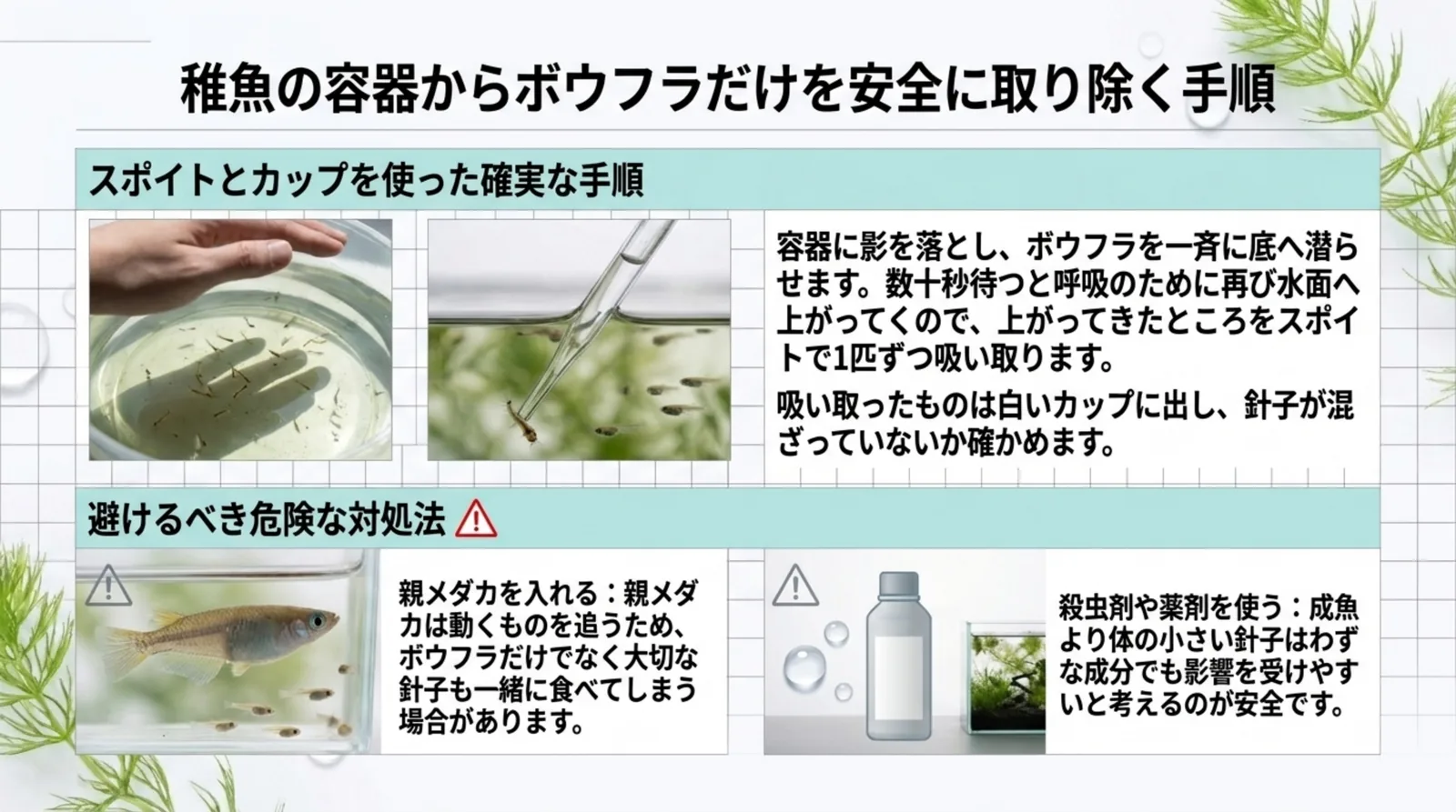 影を落として潜ったボウフラが浮いてきたところをスポイトで吸い取る手順と、親メダカや薬剤を使う危険を示したスライド