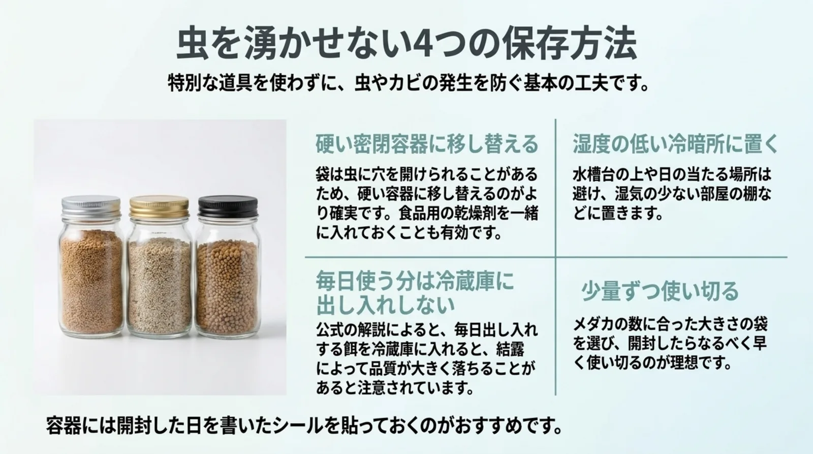 密閉容器への移し替え、冷暗所での保管、冷蔵庫に出し入れしない、少量ずつ使い切るという4つの保存方法を示したスライド