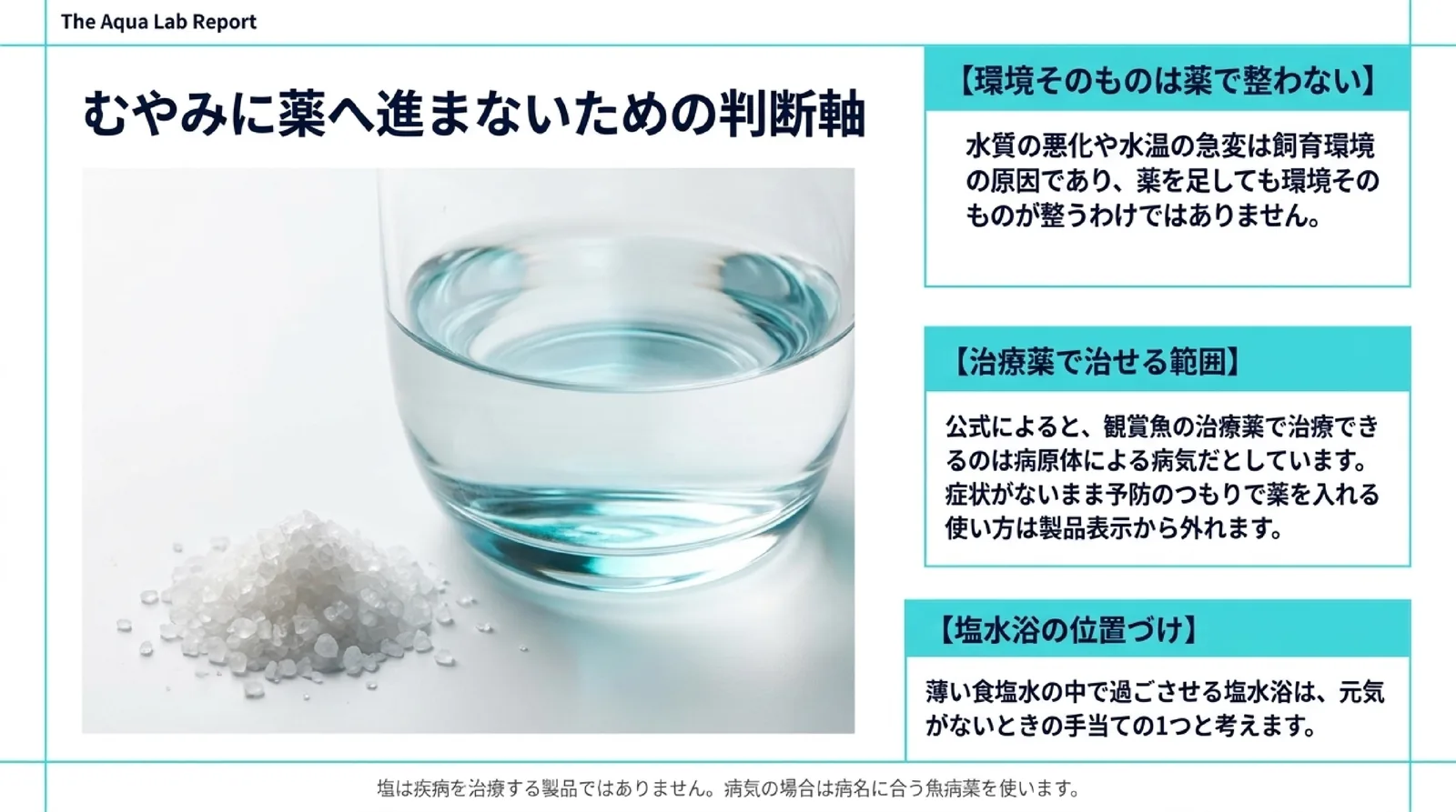 水質や水温は薬では整わないこと、治療薬で治せるのは病原体による病気であること、塩水浴は元気がないときの手当ての1つであることを示したスライド